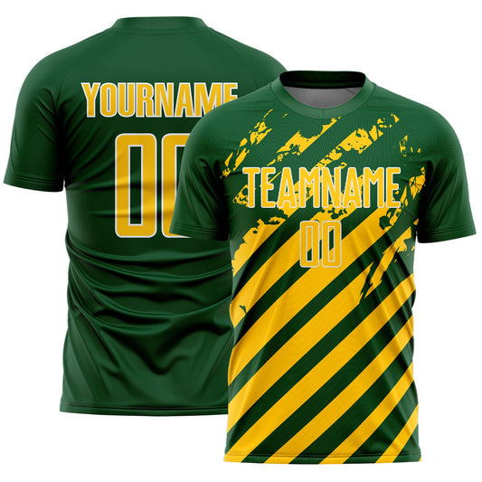 Custom Green Yellow-White Distressed Diagonal Stripe Pattern Sports Sublimation Soccer Uniform Jersey - Main View