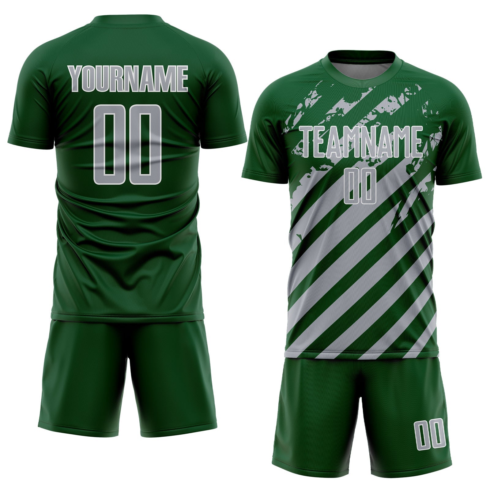 Custom Green Gray-White Distressed Diagonal Stripe Pattern Sports Sublimation Soccer Uniform Jersey view 2