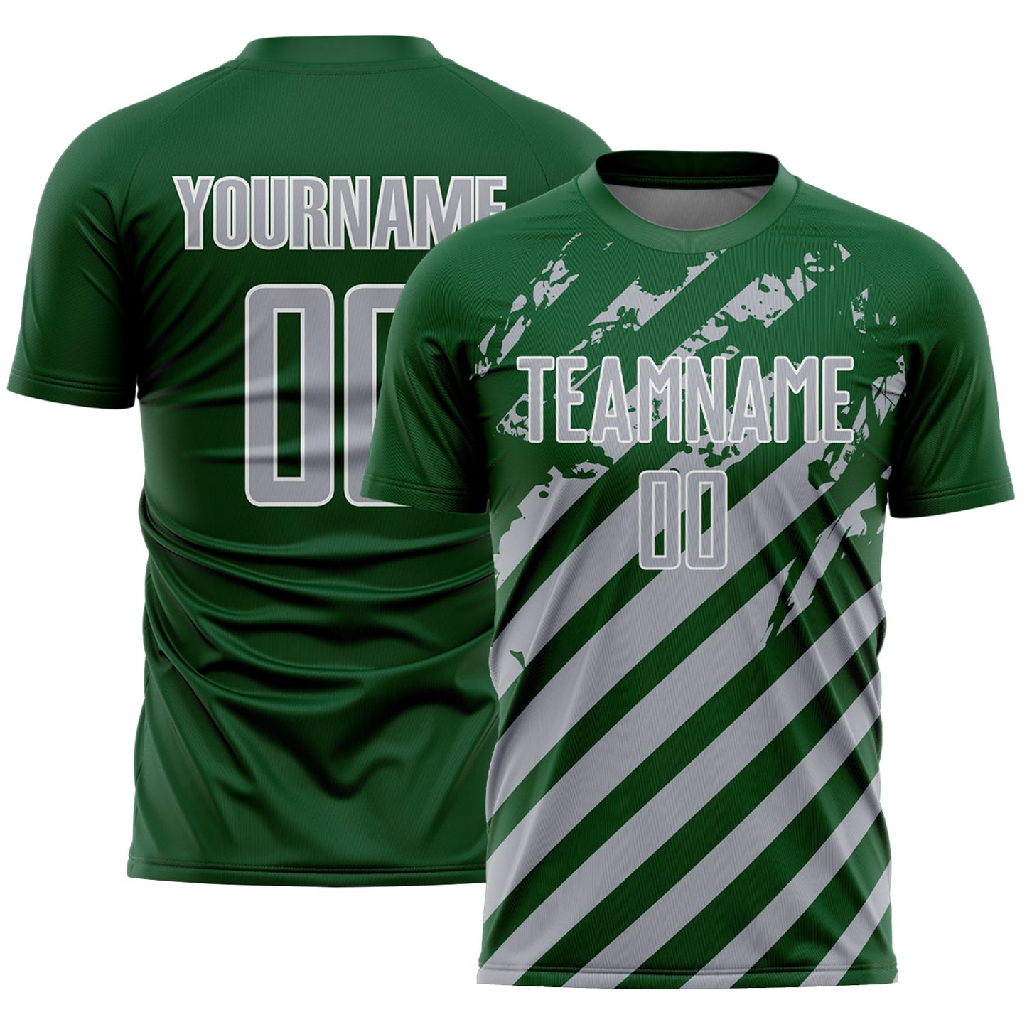 Custom Green Gray-White Distressed Diagonal Stripe Pattern Sports Sublimation Soccer Uniform Jersey - Main View
