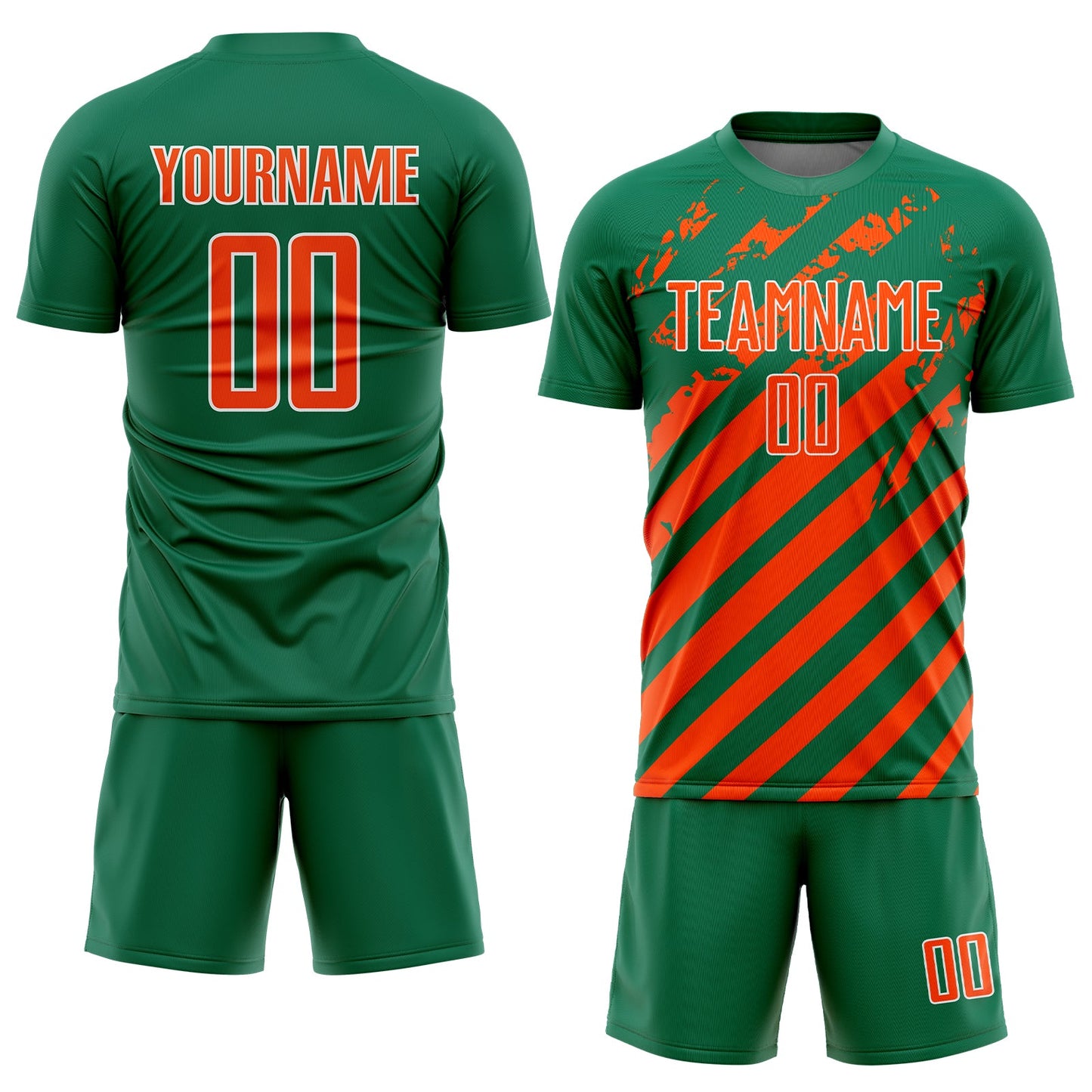 Custom Kelly Green Orange-White Distressed Diagonal Stripe Pattern Sports Sublimation Soccer Uniform Jersey view 2