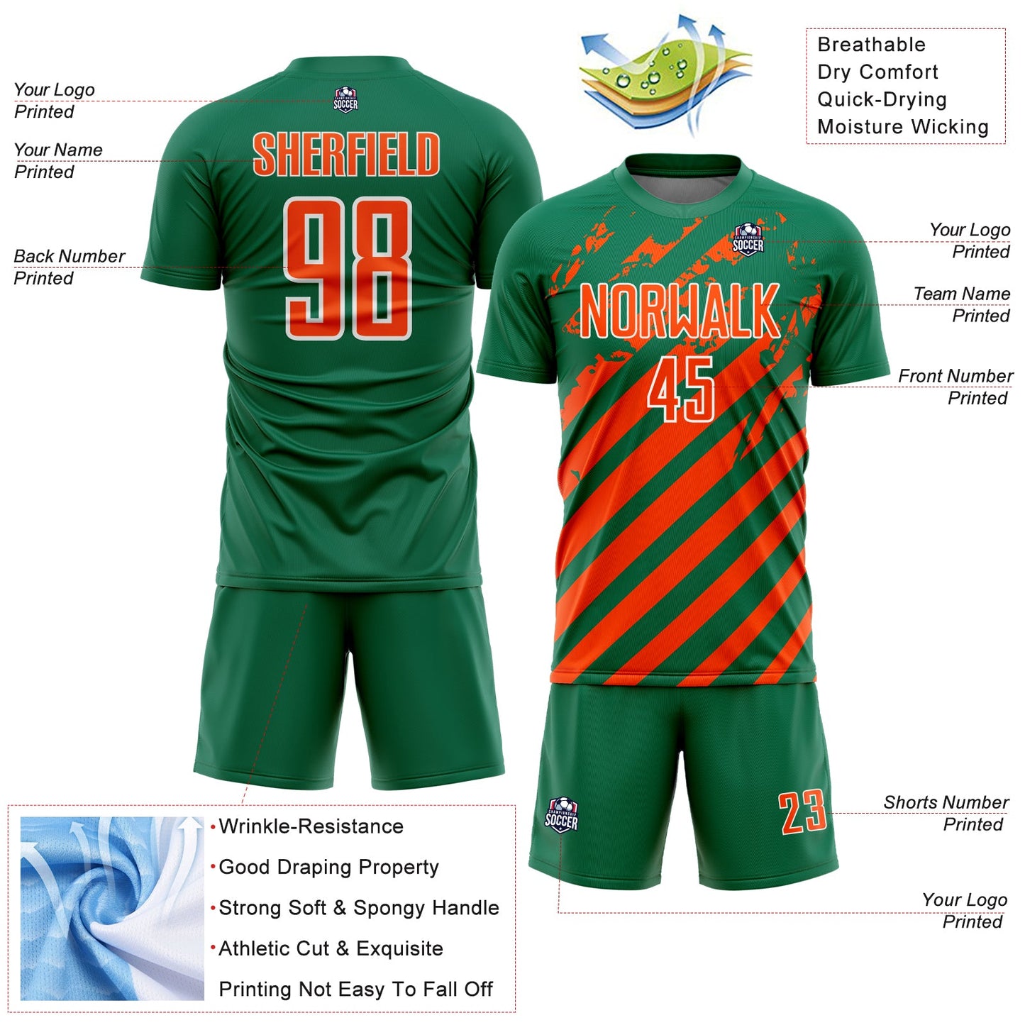 Custom Kelly Green Orange-White Distressed Diagonal Stripe Pattern Sports Sublimation Soccer Uniform Jersey view 4