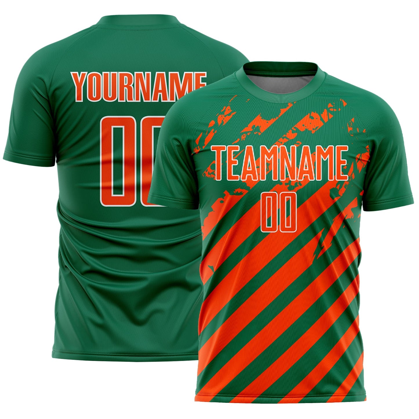 Custom Kelly Green Orange-White Distressed Diagonal Stripe Pattern Sports Sublimation Soccer Uniform Jersey - Main View