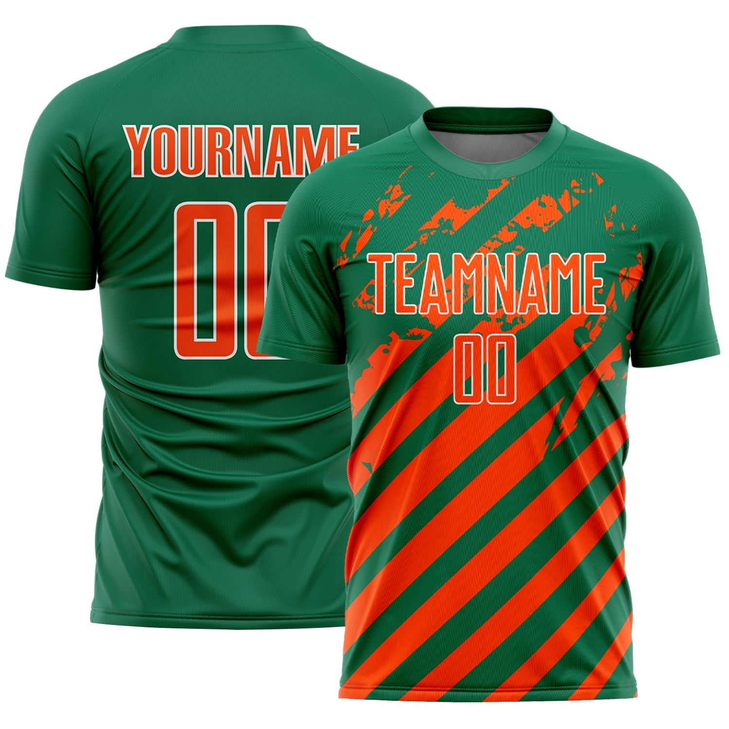 Custom Kelly Green Orange-White Distressed Diagonal Stripe Pattern Sports Sublimation Soccer Uniform Jersey - Main View
