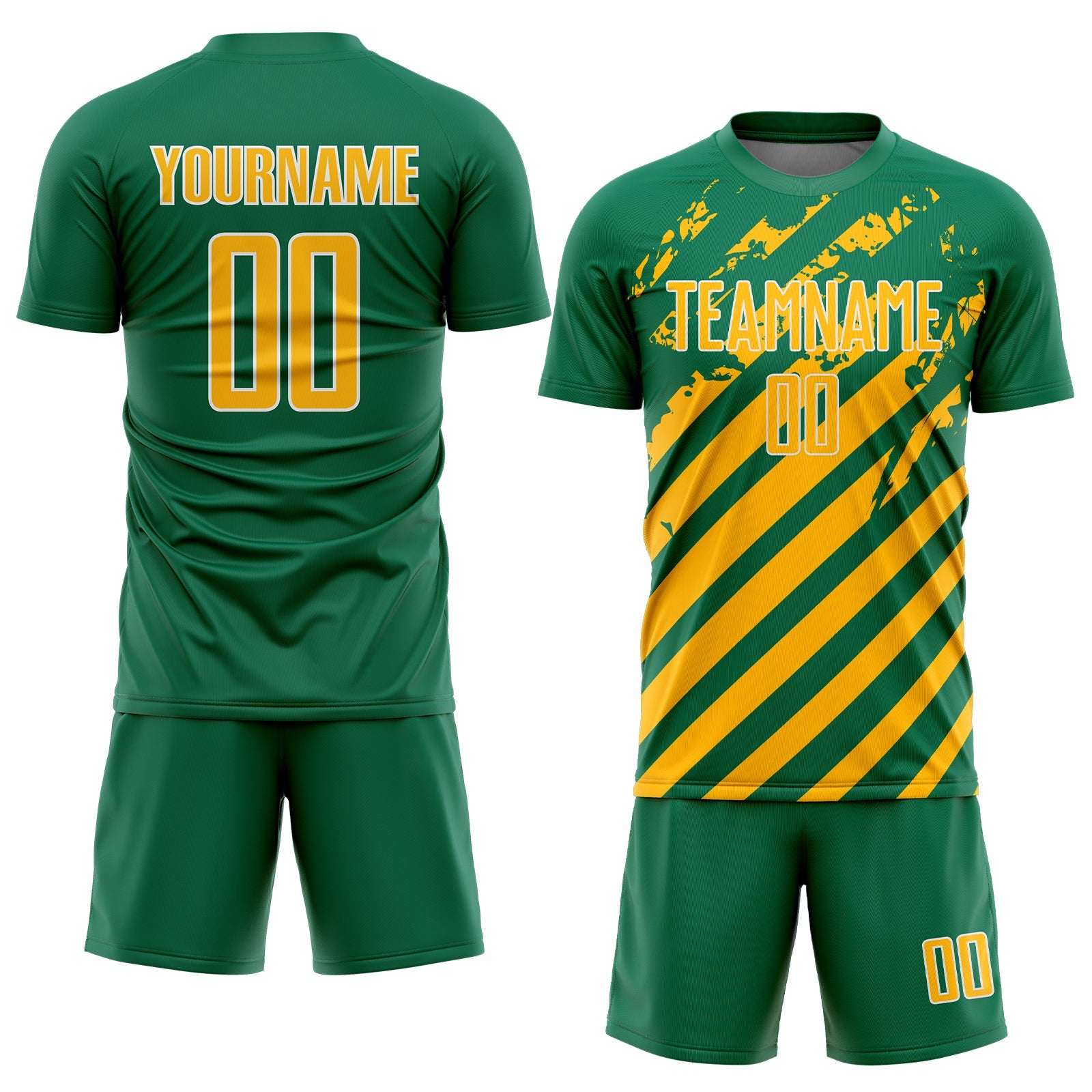 Custom Kelly Green Gold-White Distressed Diagonal Stripe Pattern Sports Sublimation Soccer Uniform Jersey view 2