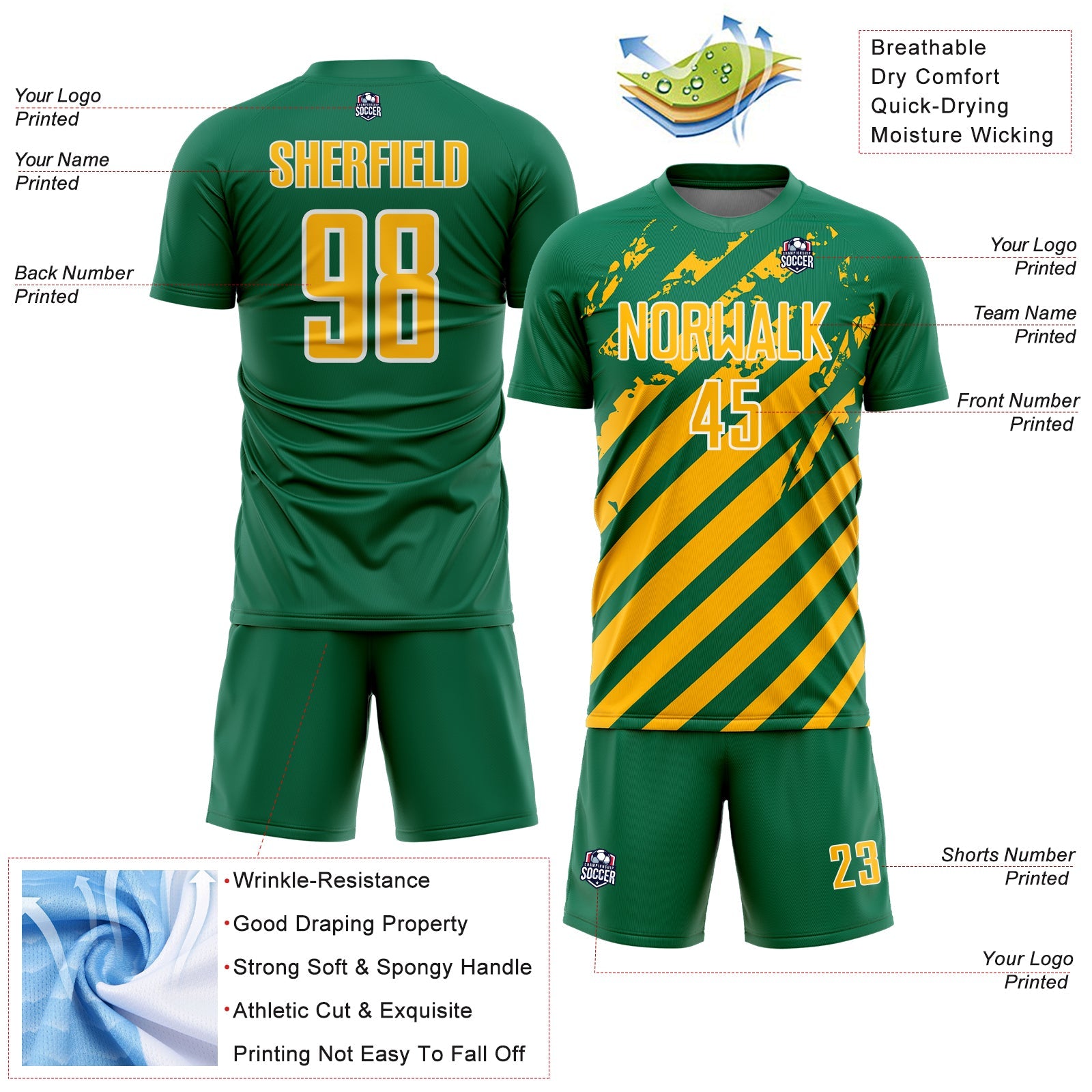 Custom Kelly Green Gold-White Distressed Diagonal Stripe Pattern Sports Sublimation Soccer Uniform Jersey view 4