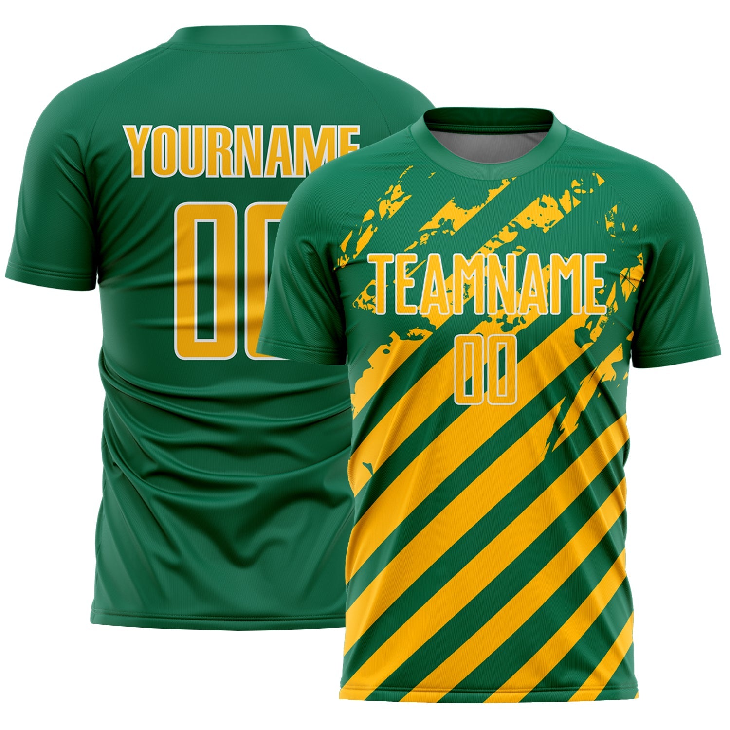 Custom Kelly Green Gold-White Distressed Diagonal Stripe Pattern Sports Sublimation Soccer Uniform Jersey - Main View