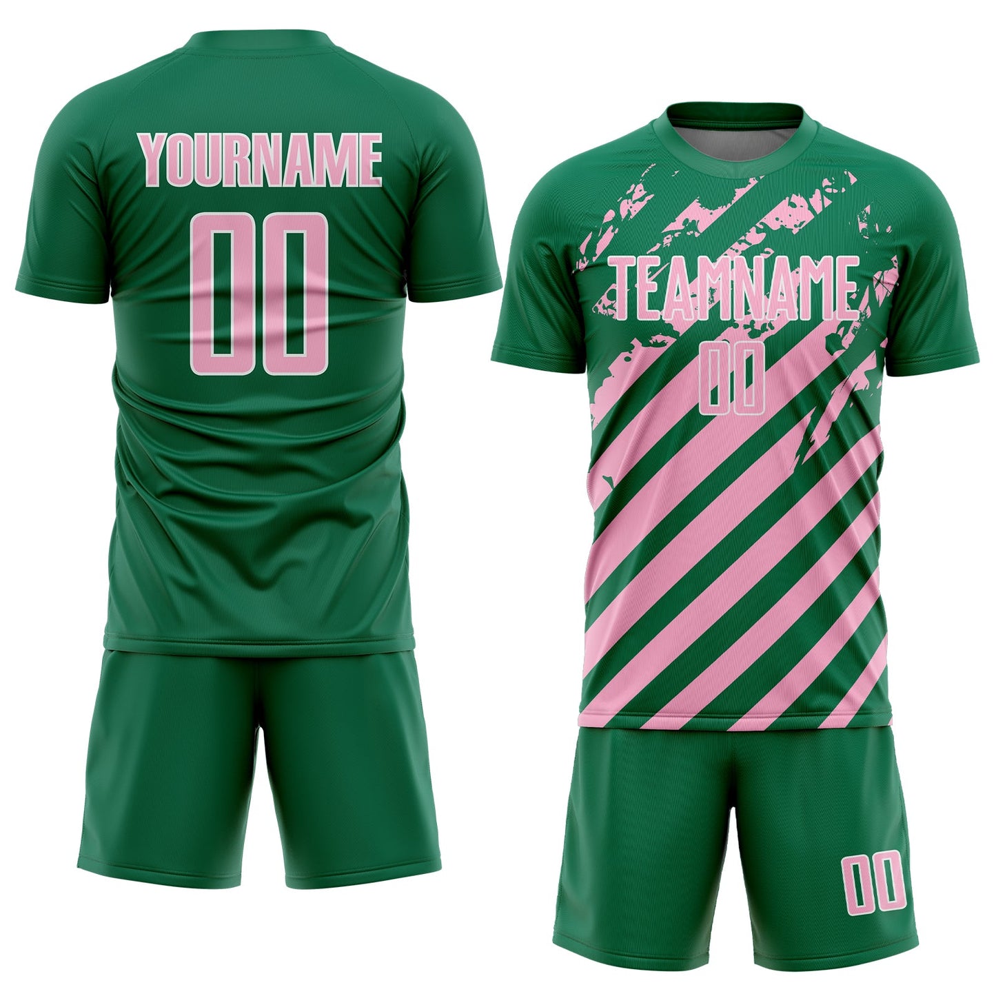 Custom Kelly Green Light Pink-White Distressed Diagonal Stripe Pattern Sports Sublimation Soccer Uniform Jersey view 2