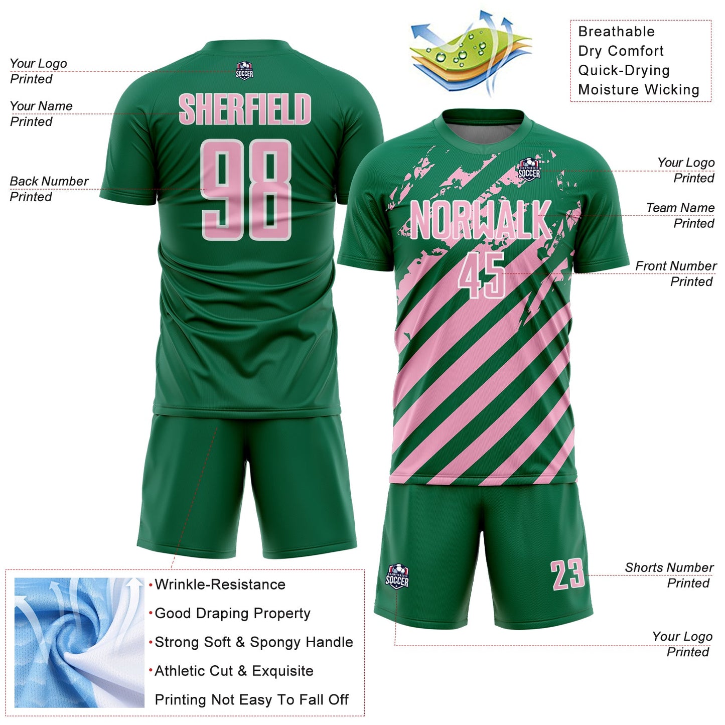 Custom Kelly Green Light Pink-White Distressed Diagonal Stripe Pattern Sports Sublimation Soccer Uniform Jersey view 4