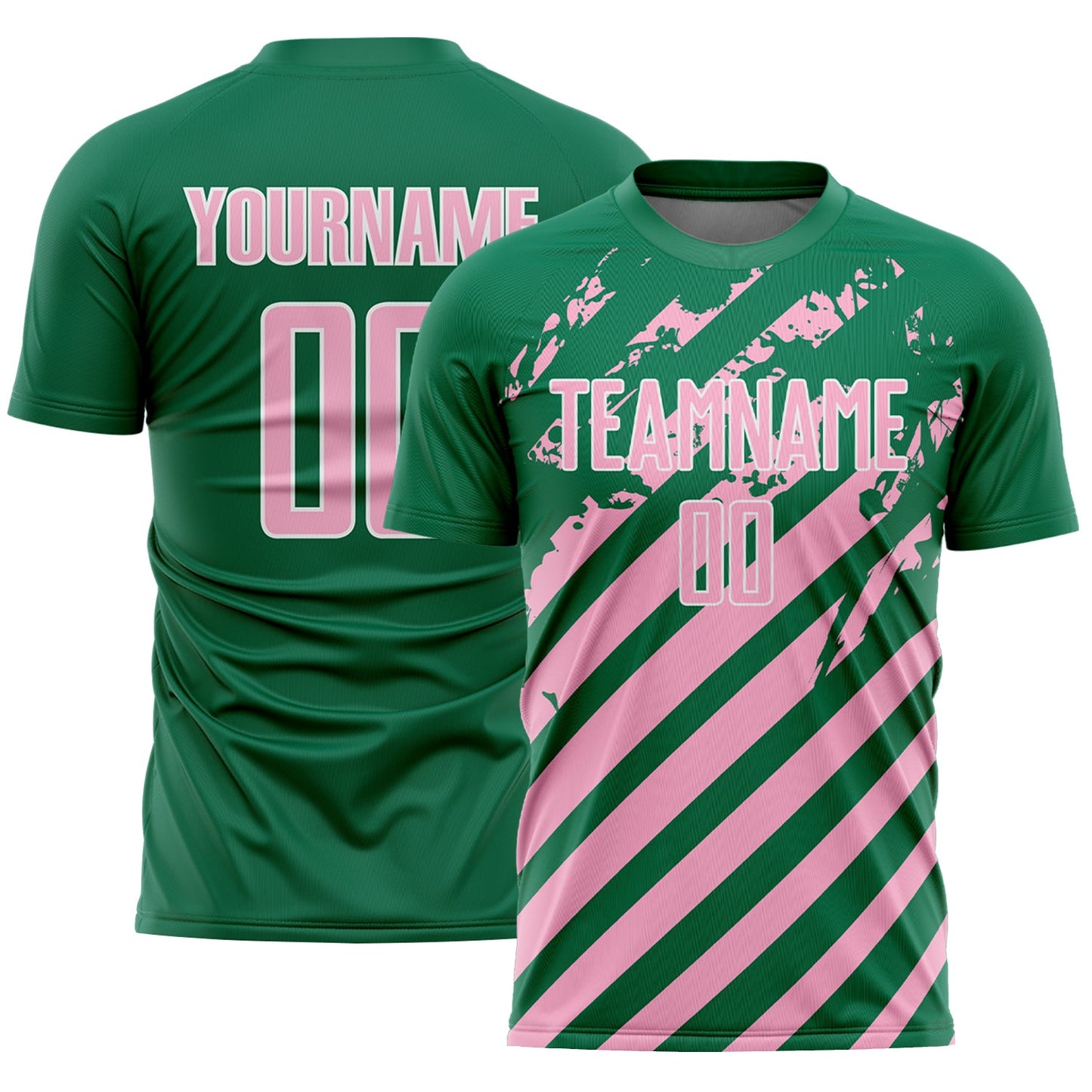 Custom Kelly Green Light Pink-White Distressed Diagonal Stripe Pattern Sports Sublimation Soccer Uniform Jersey - Main View