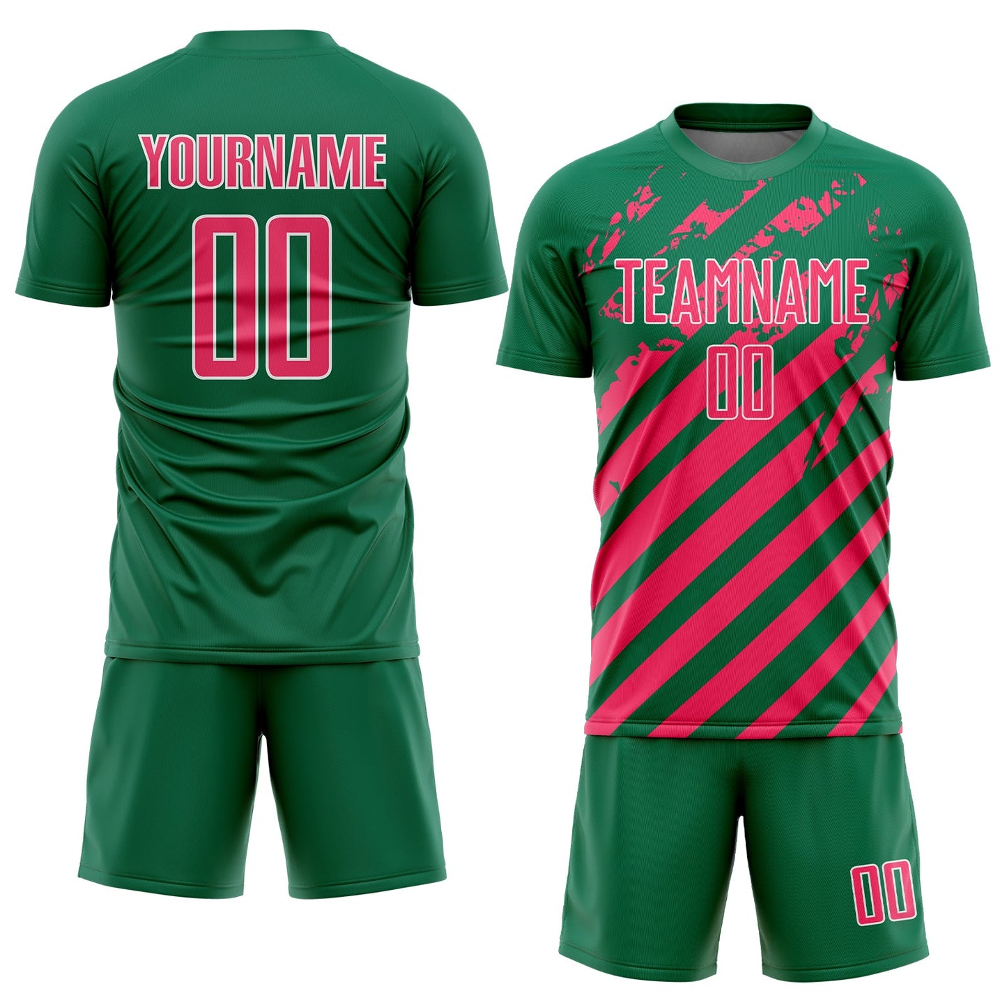 Custom Kelly Green Neon Pink-White Distressed Diagonal Stripe Pattern Sports Sublimation Soccer Uniform Jersey view 2