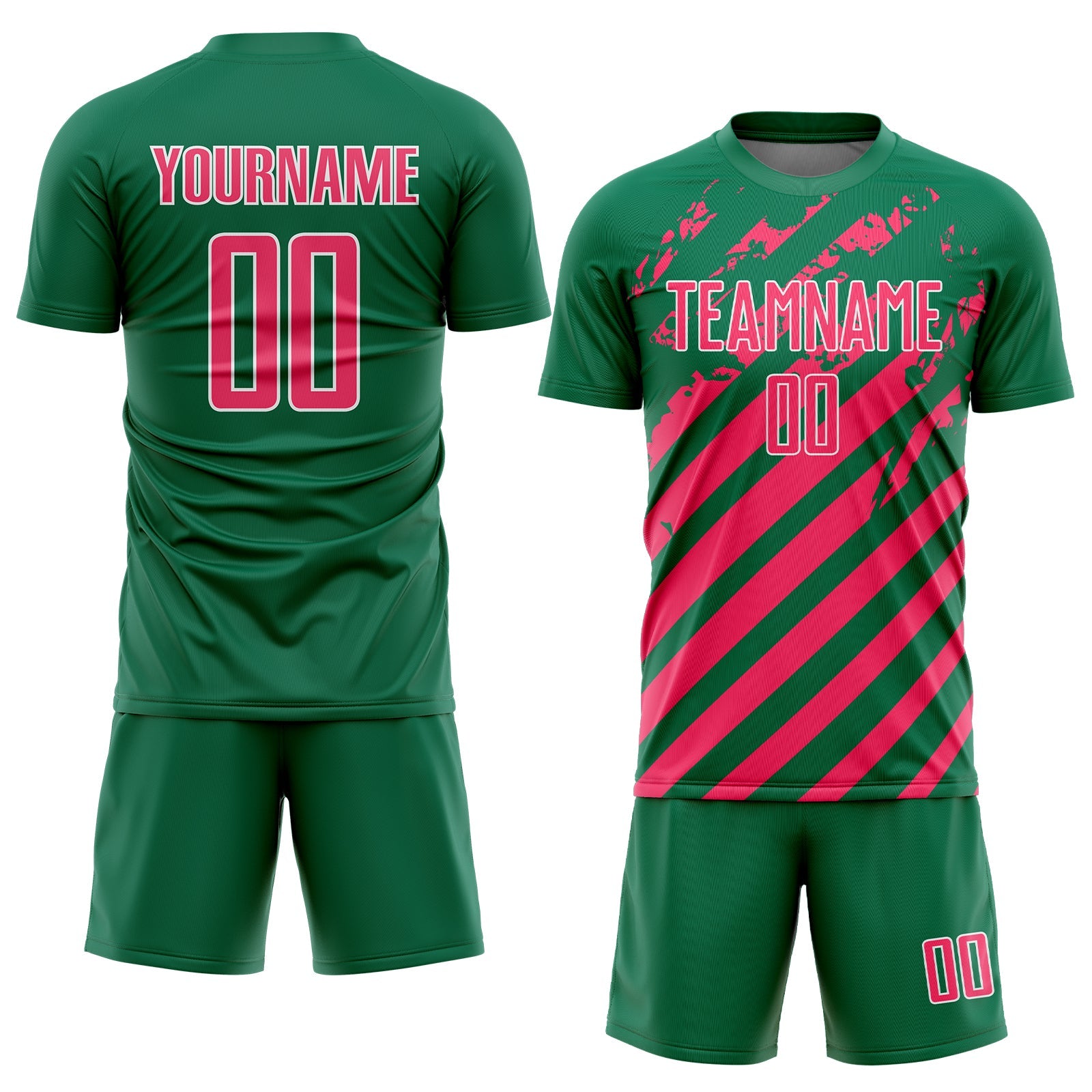 Custom Kelly Green Neon Pink-White Distressed Diagonal Stripe Pattern Sports Sublimation Soccer Uniform Jersey view 2