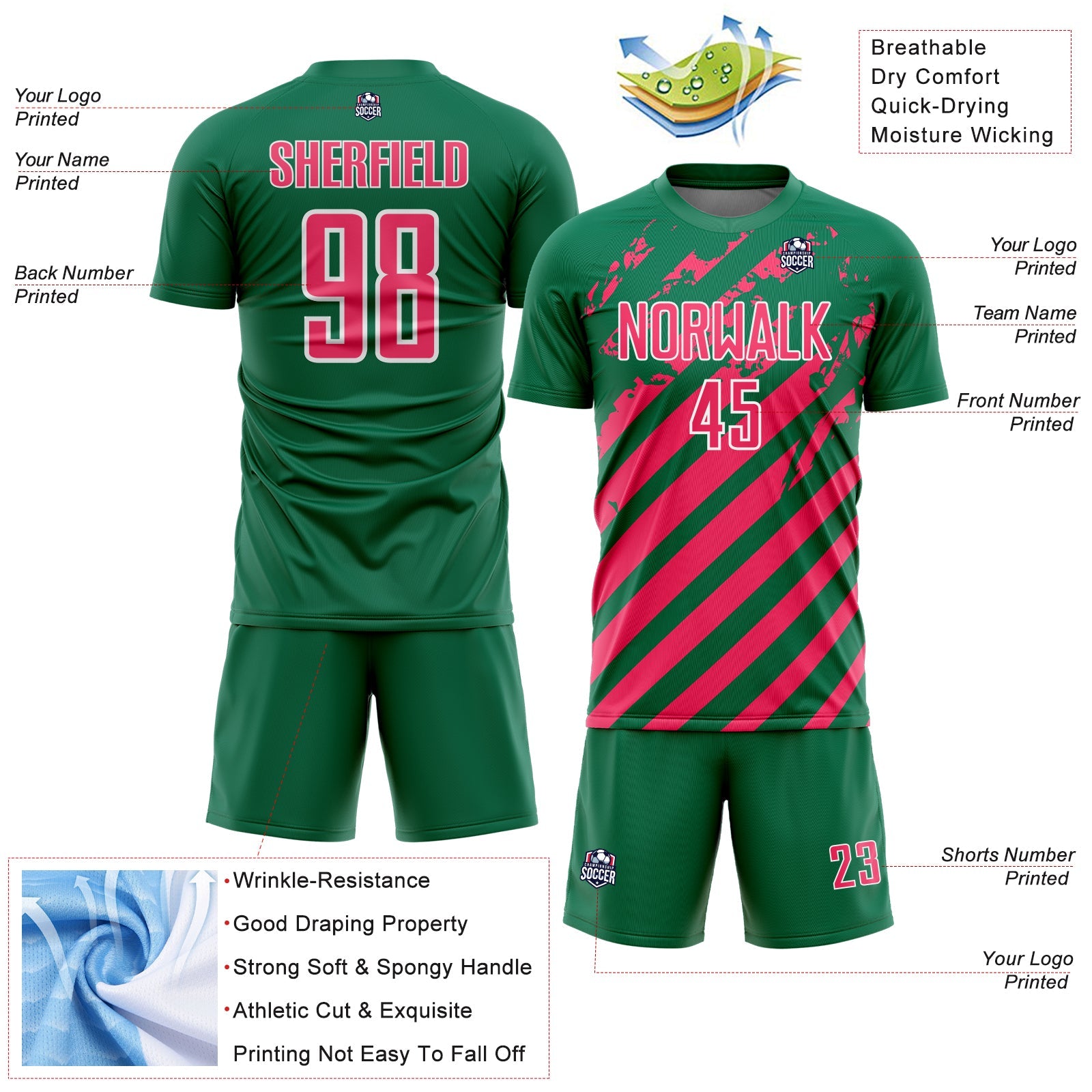 Custom Kelly Green Neon Pink-White Distressed Diagonal Stripe Pattern Sports Sublimation Soccer Uniform Jersey view 4