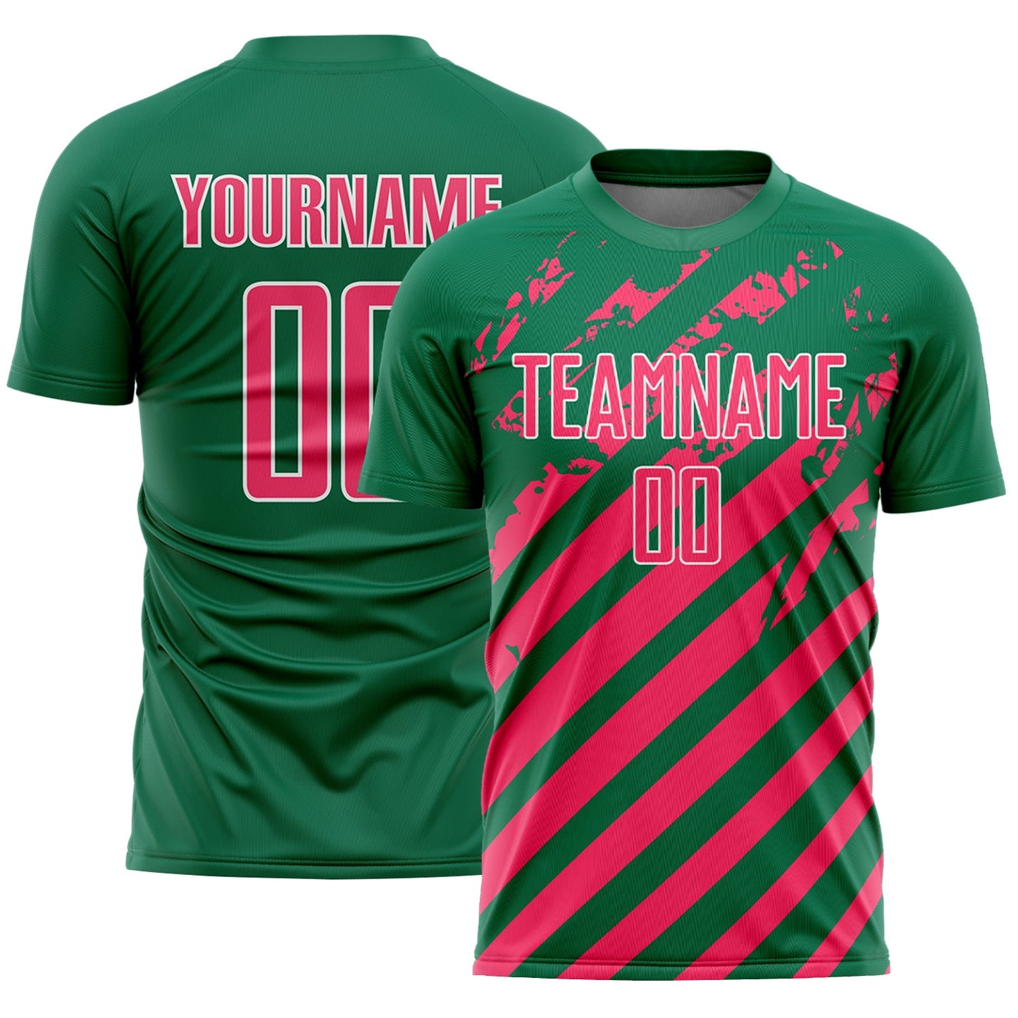 Custom Kelly Green Neon Pink-White Distressed Diagonal Stripe Pattern Sports Sublimation Soccer Uniform Jersey - Main View