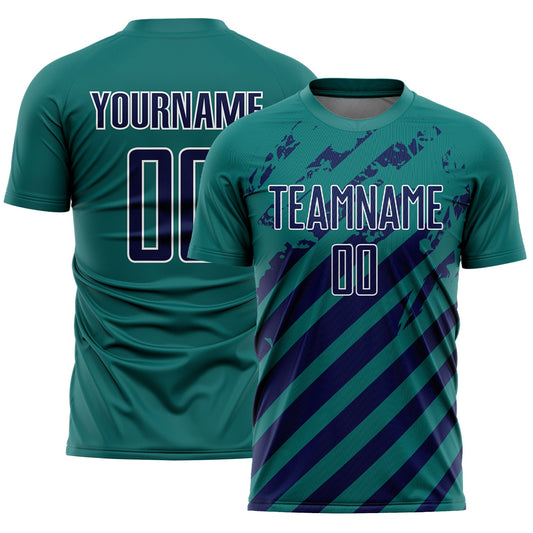 Custom Teal Navy-White Distressed Diagonal Stripe Pattern Sports Sublimation Soccer Uniform Jersey - Main View