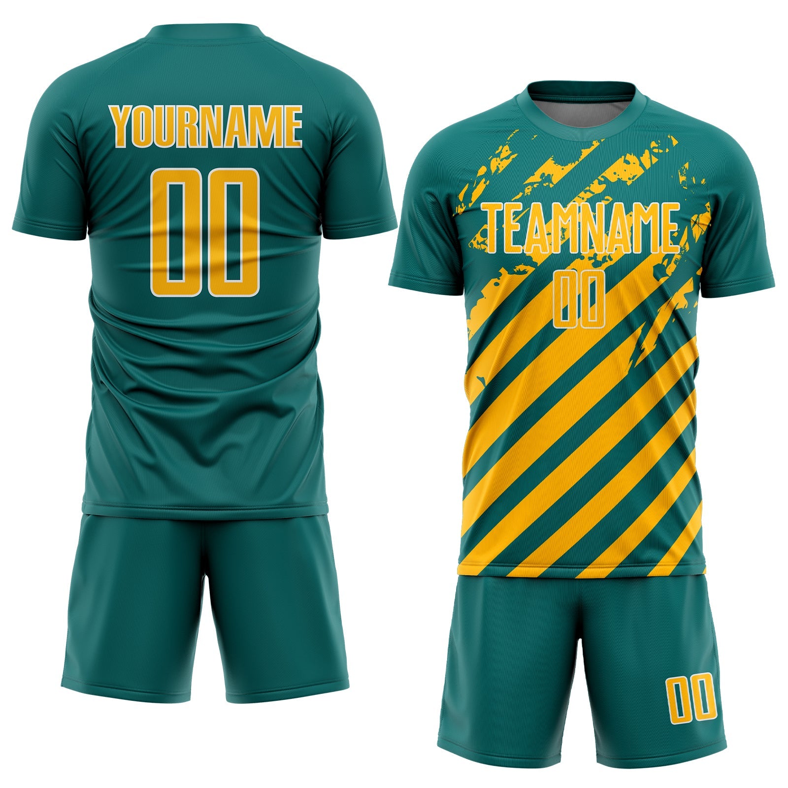 Custom Teal Gold-White Distressed Diagonal Stripe Pattern Sports Sublimation Soccer Uniform Jersey view 2