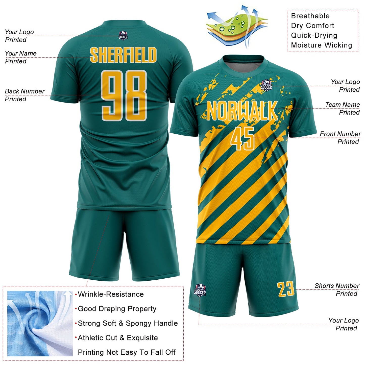 Custom Teal Gold-White Distressed Diagonal Stripe Pattern Sports Sublimation Soccer Uniform Jersey view 4
