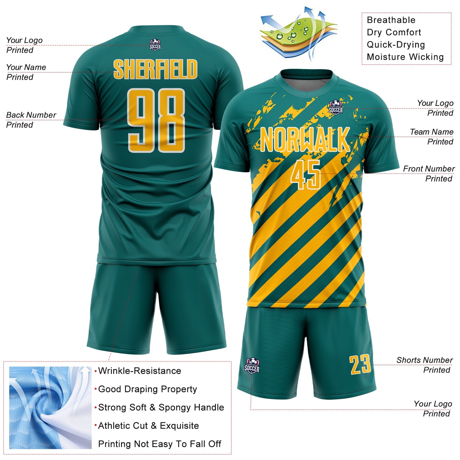 Custom Teal Gold-White Distressed Diagonal Stripe Pattern Sports Sublimation Soccer Uniform Jersey view 4