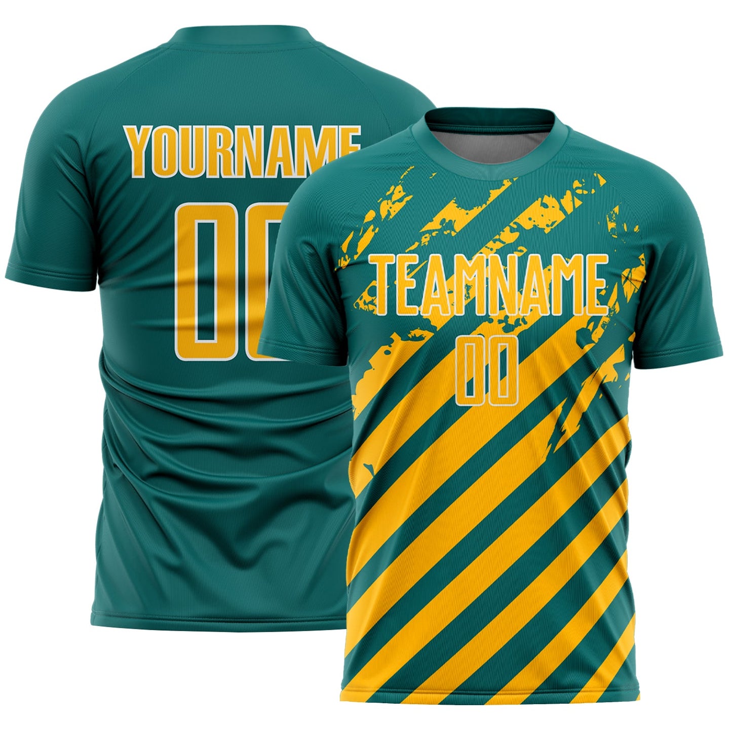 Custom Teal Gold-White Distressed Diagonal Stripe Pattern Sports Sublimation Soccer Uniform Jersey - Main View