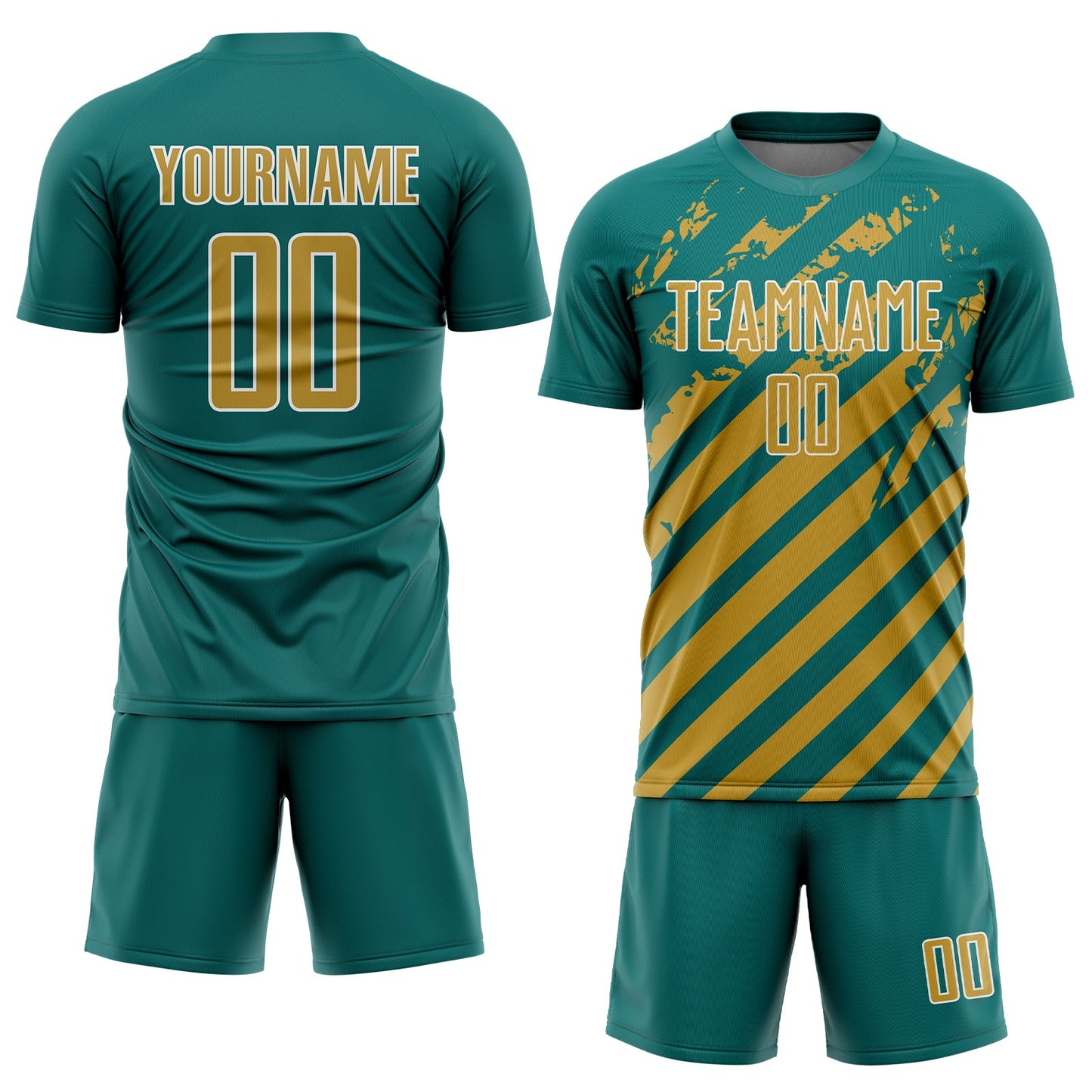 Custom Teal Old Gold-White Distressed Diagonal Stripe Pattern Sports Sublimation Soccer Uniform Jersey view 2