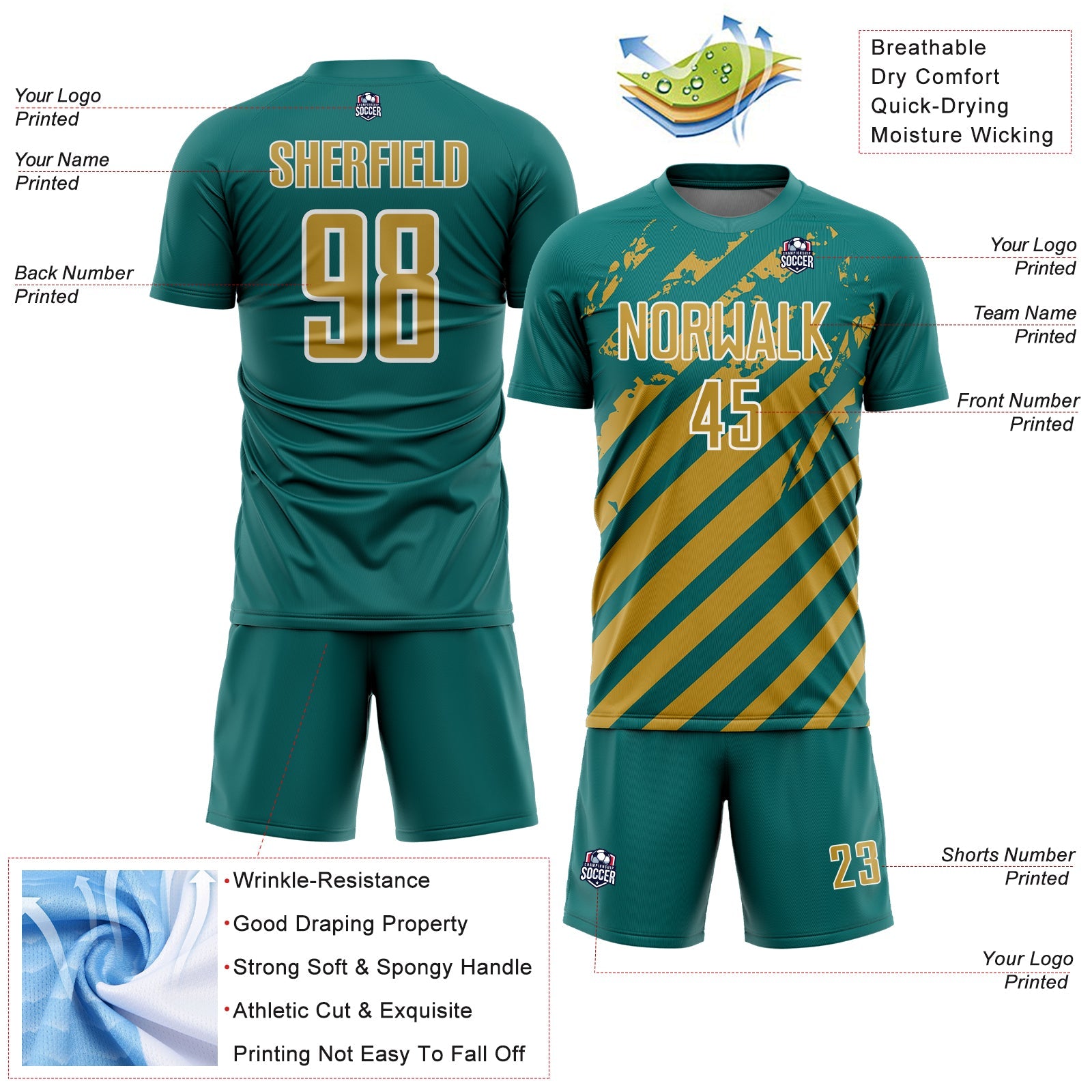 Custom Teal Old Gold-White Distressed Diagonal Stripe Pattern Sports Sublimation Soccer Uniform Jersey view 4