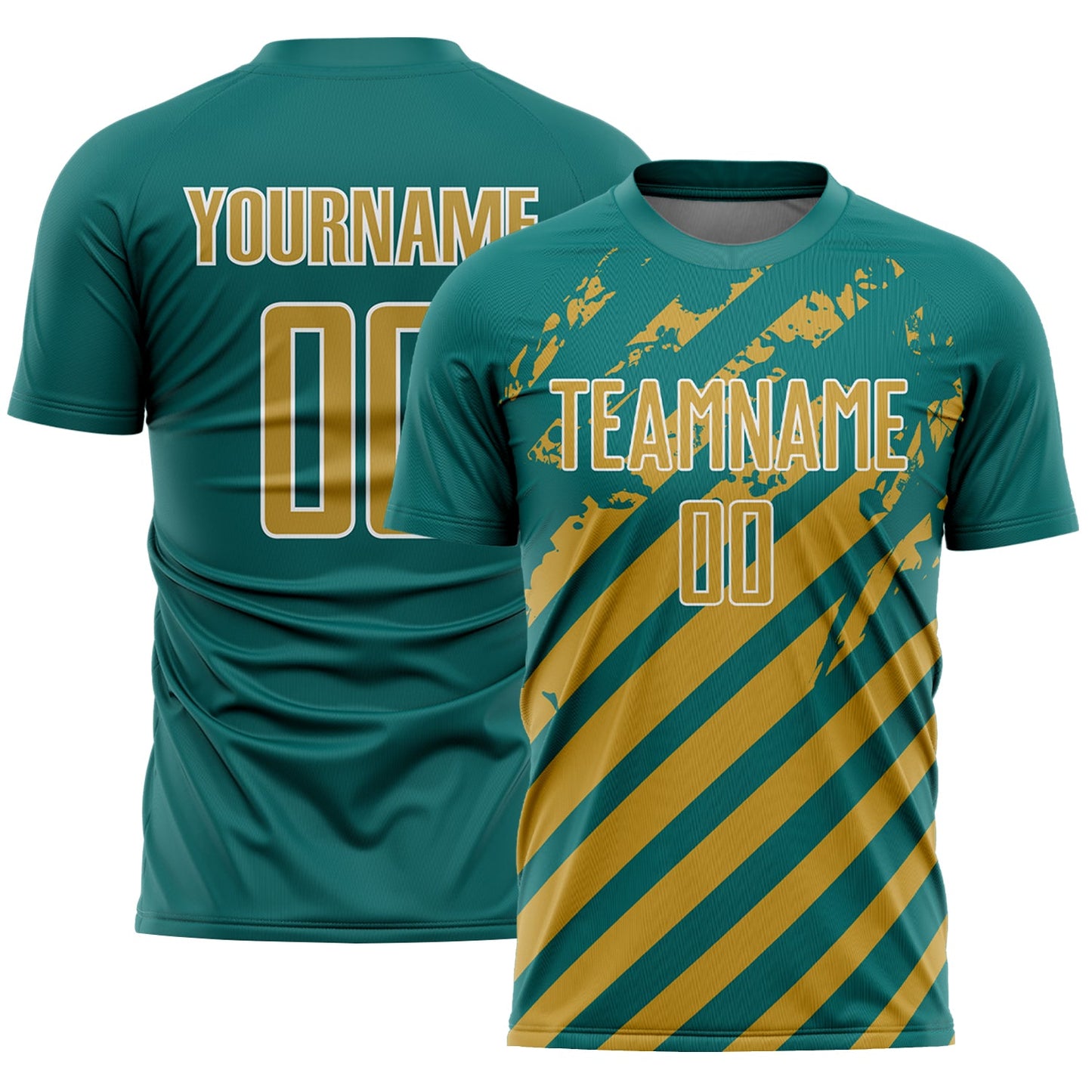 Custom Teal Old Gold-White Distressed Diagonal Stripe Pattern Sports Sublimation Soccer Uniform Jersey - Main View