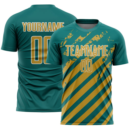 Custom Teal Old Gold-White Distressed Diagonal Stripe Pattern Sports Sublimation Soccer Uniform Jersey - Main View