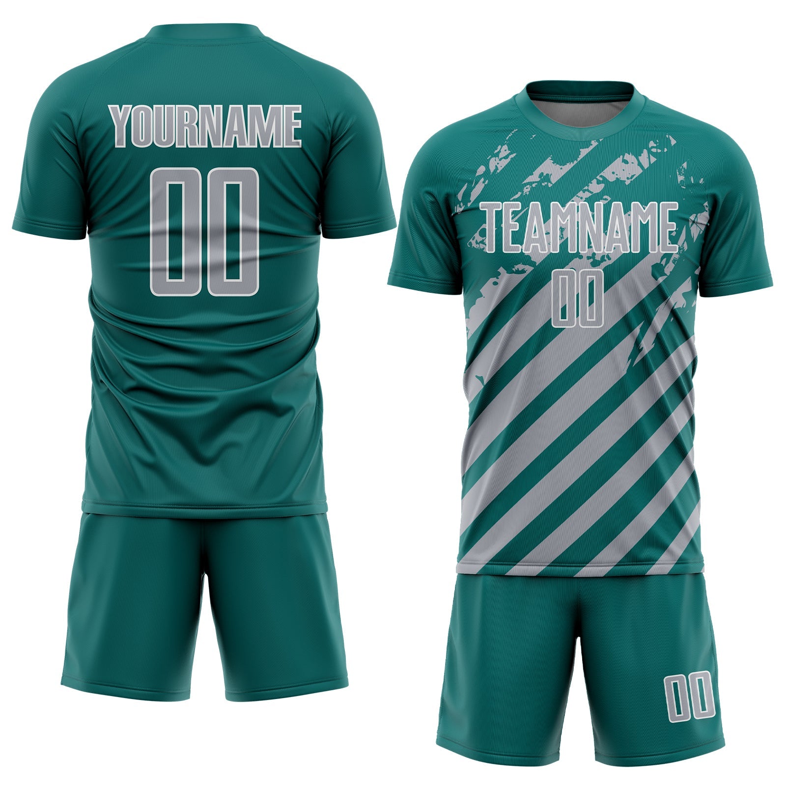 Custom Teal Gray-White Distressed Diagonal Stripe Pattern Sports Sublimation Soccer Uniform Jersey view 2