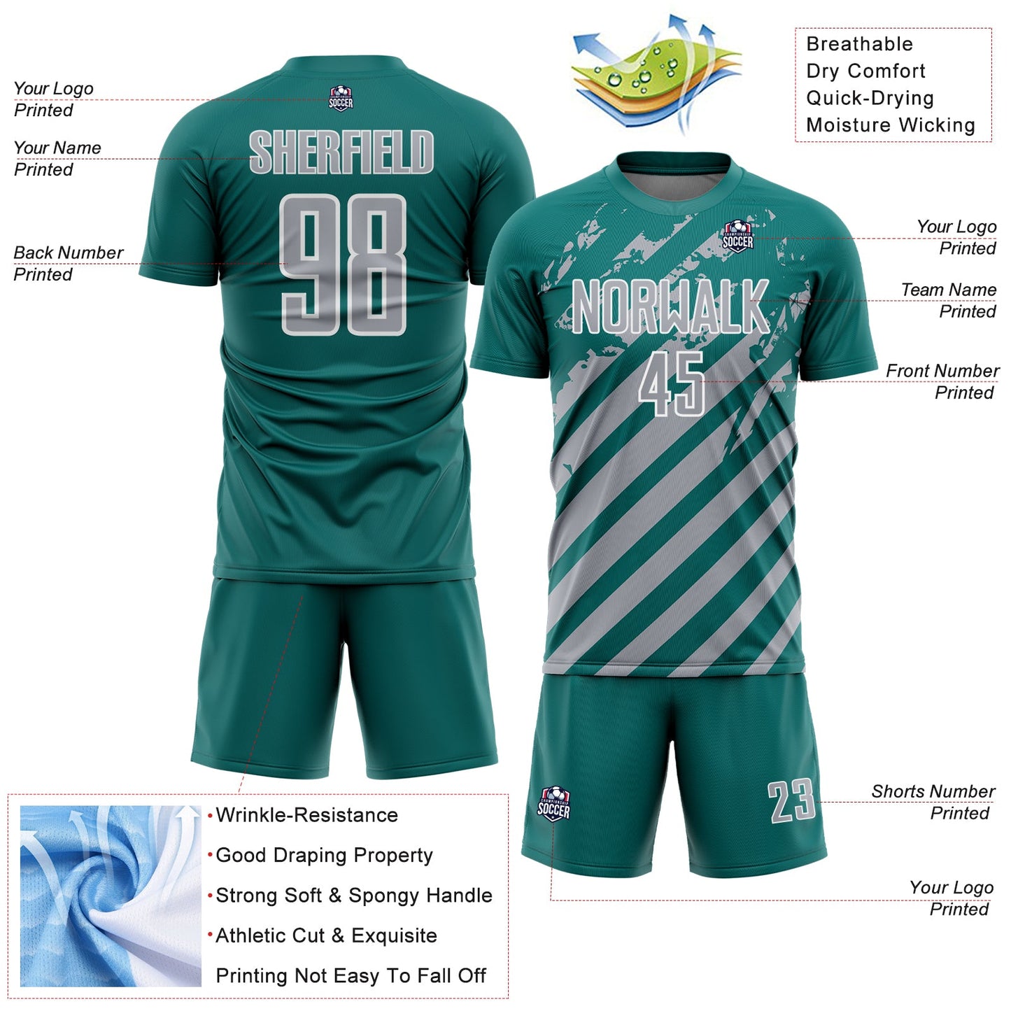 Custom Teal Gray-White Distressed Diagonal Stripe Pattern Sports Sublimation Soccer Uniform Jersey view 4