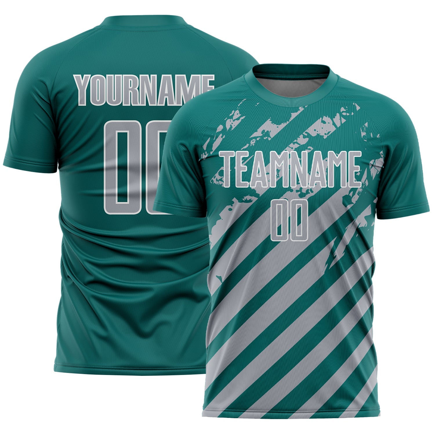 Custom Teal Gray-White Distressed Diagonal Stripe Pattern Sports Sublimation Soccer Uniform Jersey - Main View