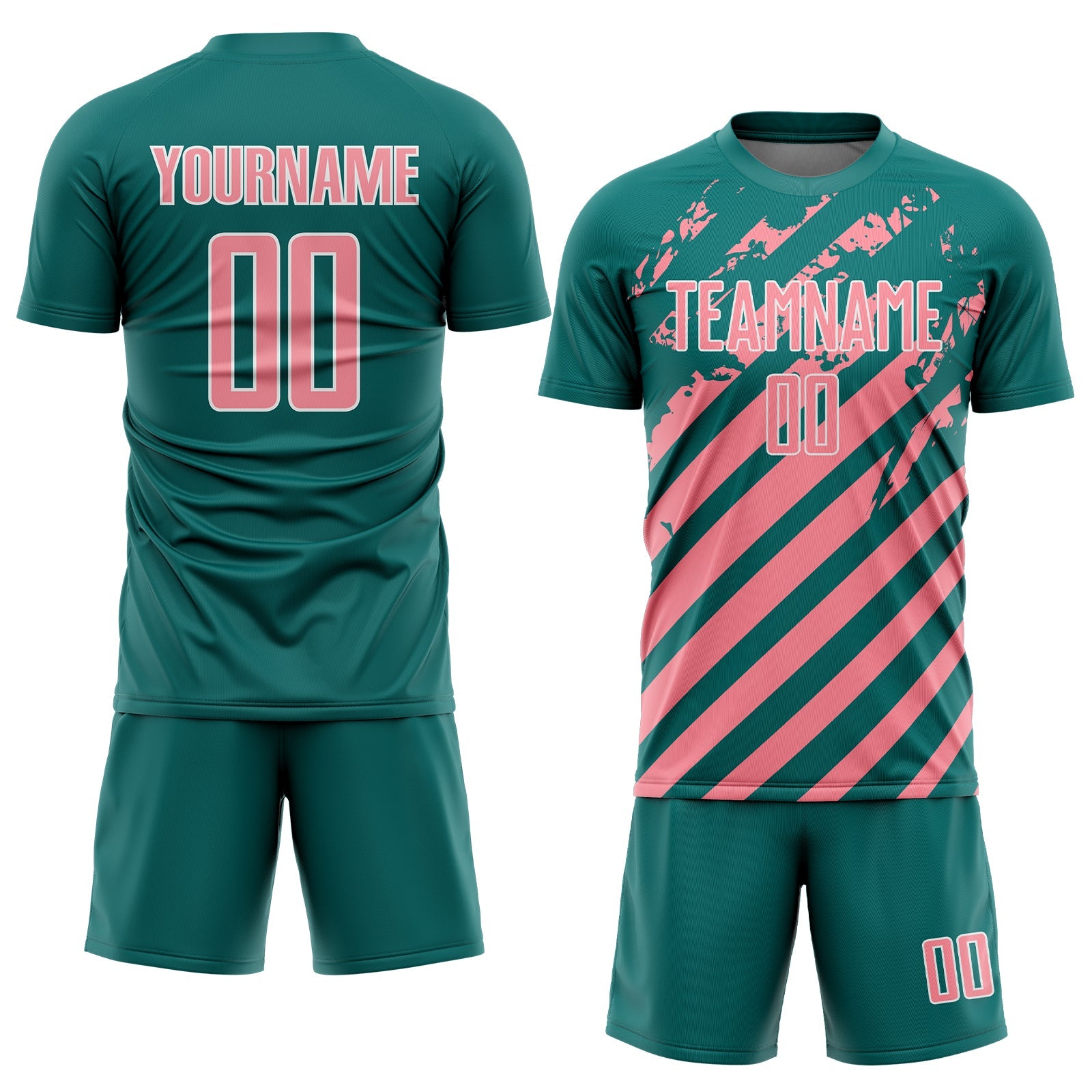 Custom Teal Medium Pink-White Distressed Diagonal Stripe Pattern Sports Sublimation Soccer Uniform Jersey view 2