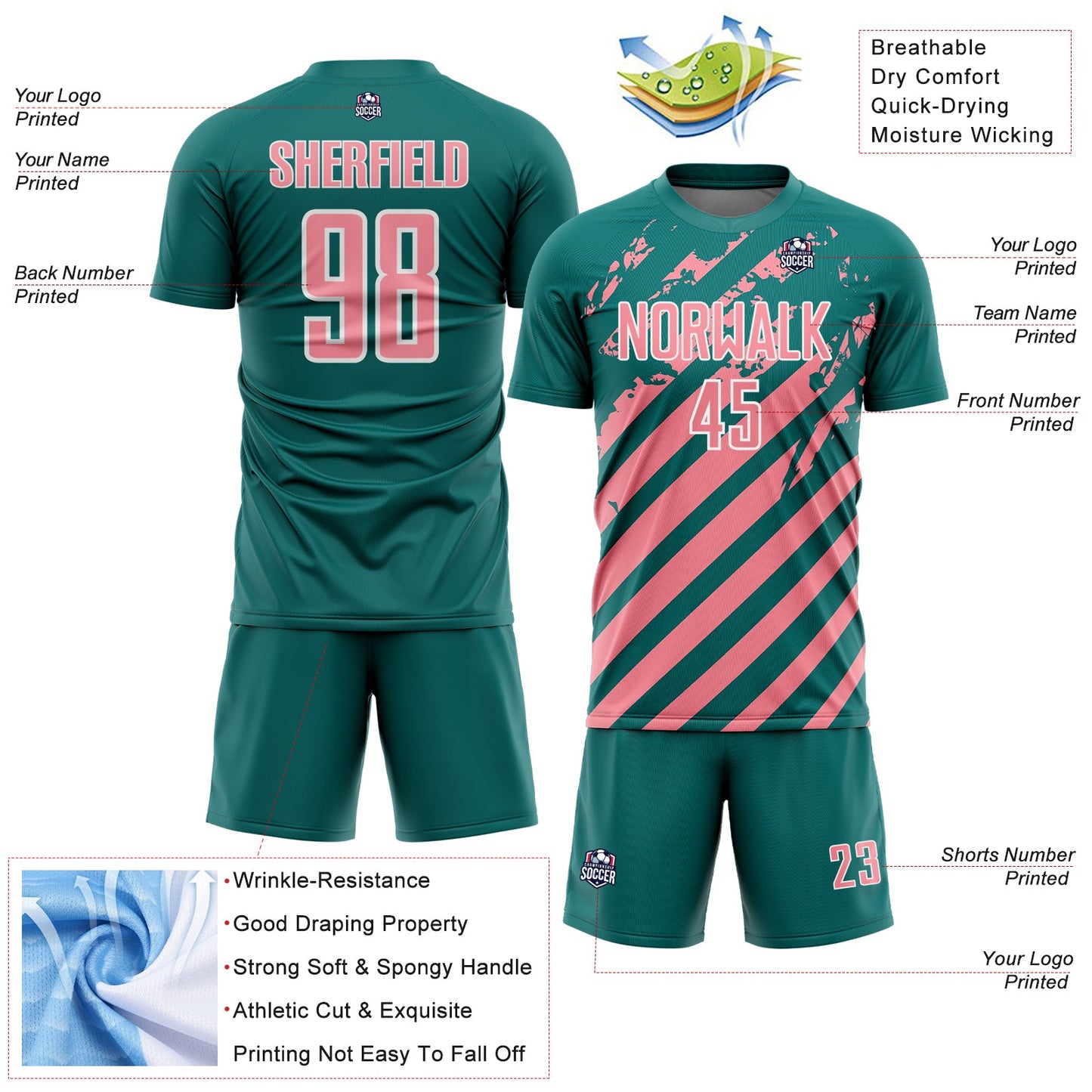 Custom Teal Medium Pink-White Distressed Diagonal Stripe Pattern Sports Sublimation Soccer Uniform Jersey view 4