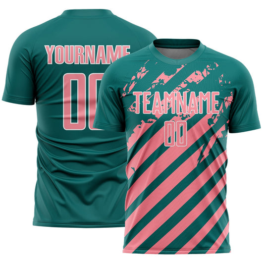 Custom Teal Medium Pink-White Distressed Diagonal Stripe Pattern Sports Sublimation Soccer Uniform Jersey - Main View