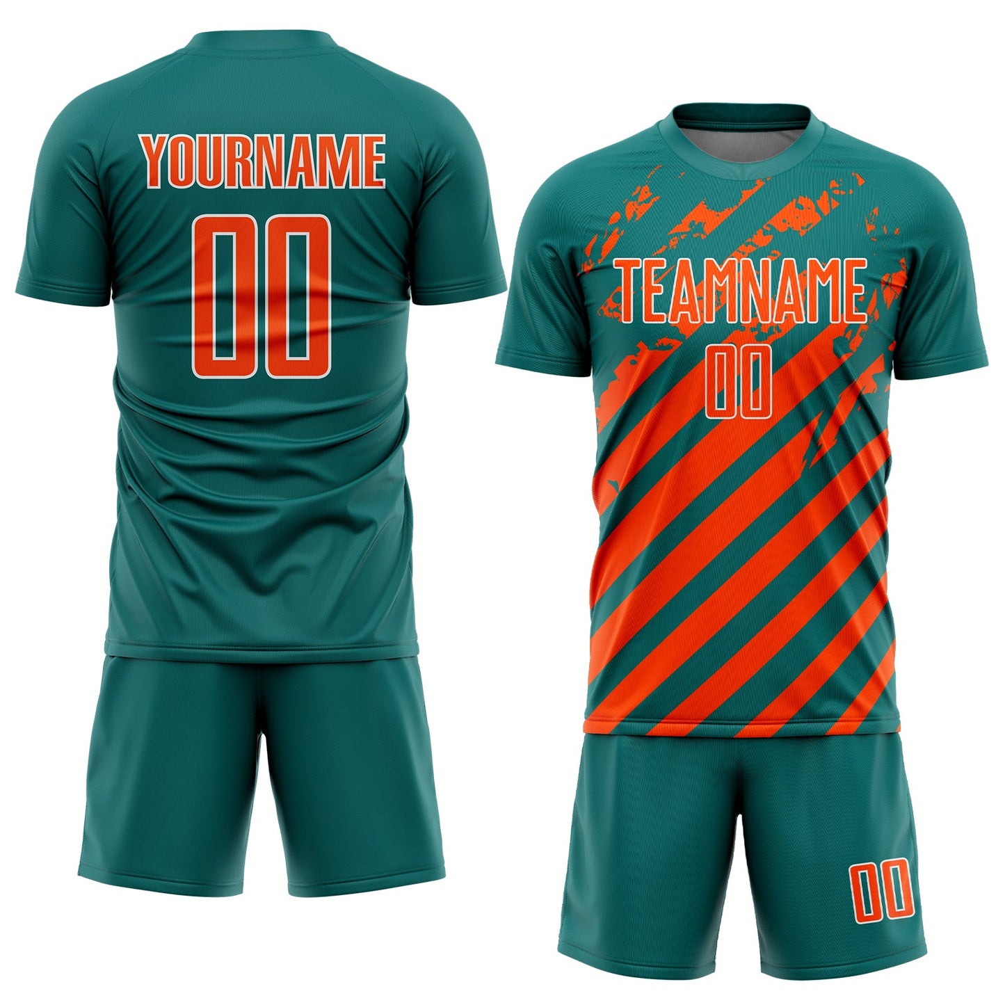 Custom Teal Orange-White Distressed Diagonal Stripe Pattern Sports Sublimation Soccer Uniform Jersey view 2