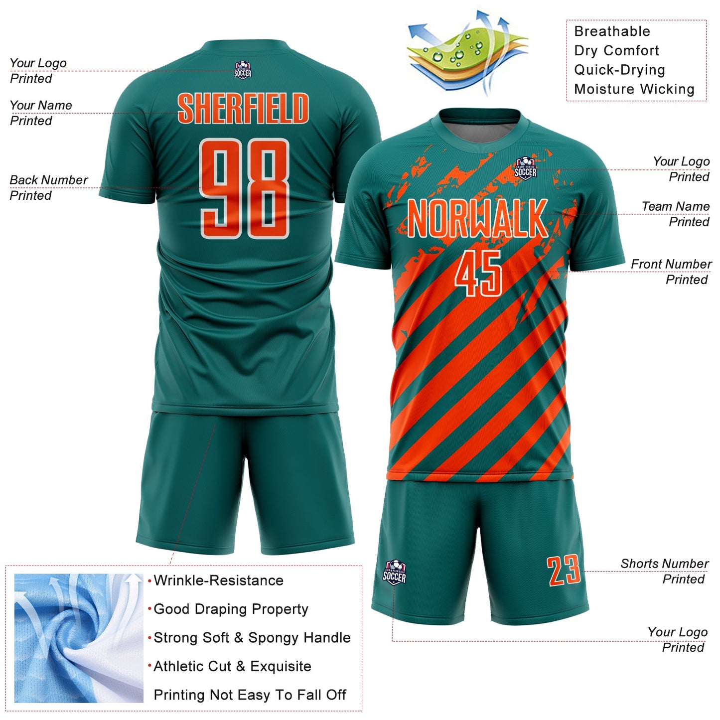 Custom Teal Orange-White Distressed Diagonal Stripe Pattern Sports Sublimation Soccer Uniform Jersey view 4