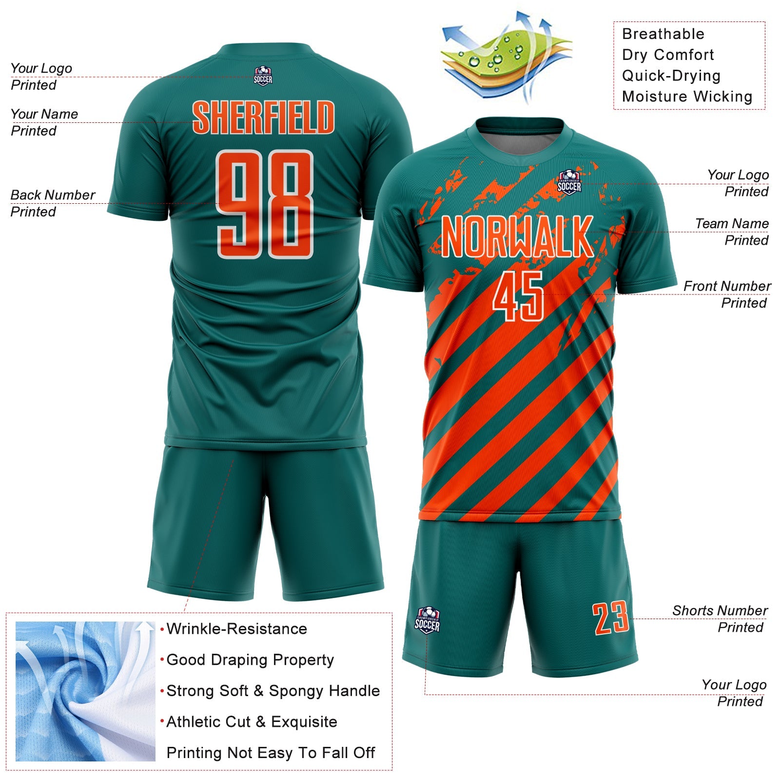 Custom Teal Orange-White Distressed Diagonal Stripe Pattern Sports Sublimation Soccer Uniform Jersey view 4