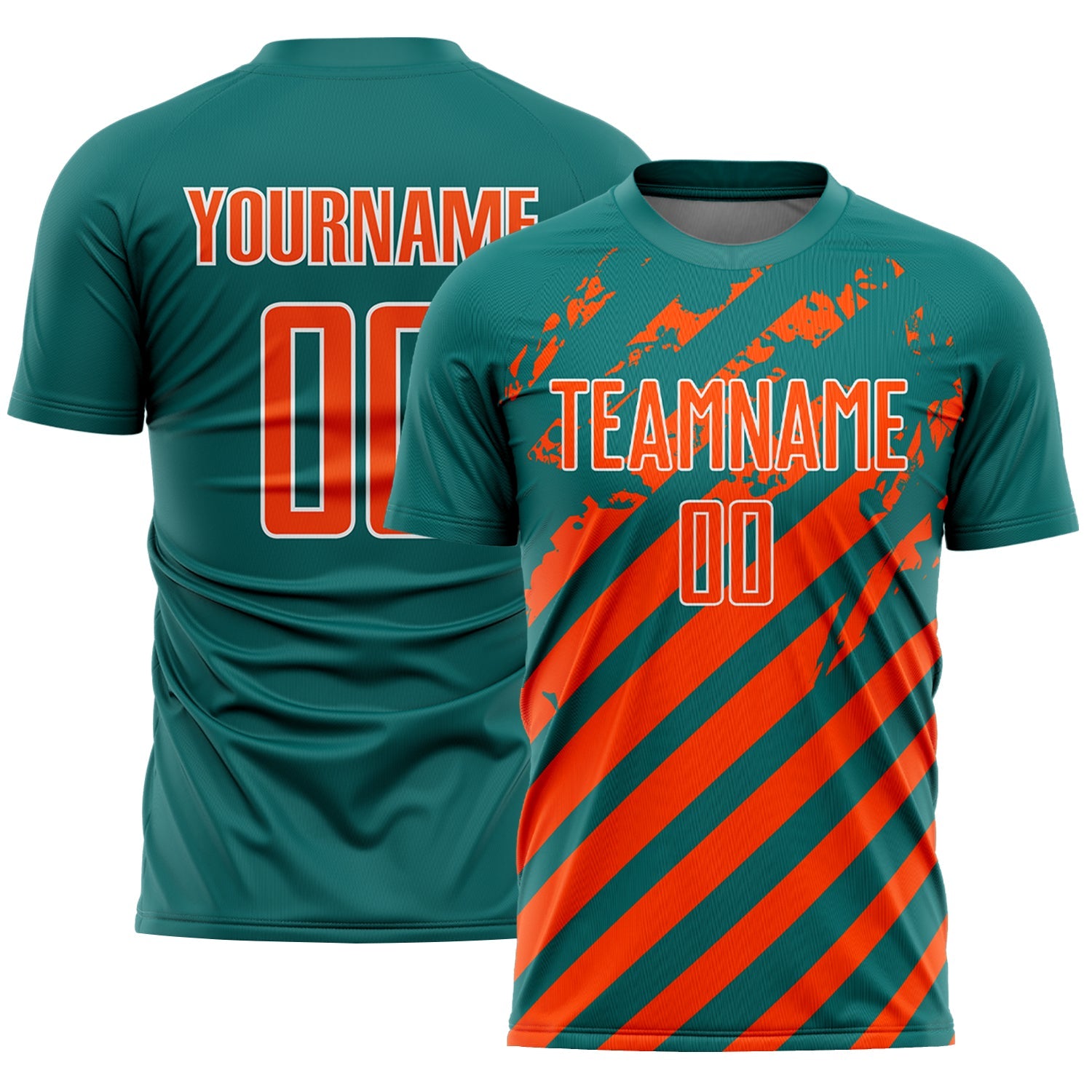 Custom Teal Orange-White Distressed Diagonal Stripe Pattern Sports Sublimation Soccer Uniform Jersey - Main View