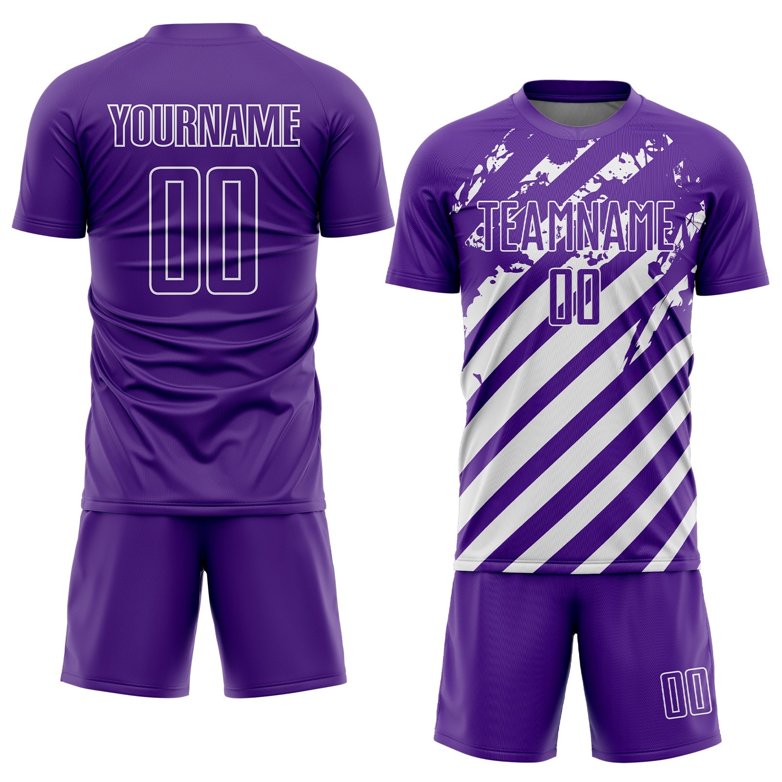Custom Purple White Distressed Diagonal Stripe Pattern Sports Sublimation Soccer Uniform Jersey view 2