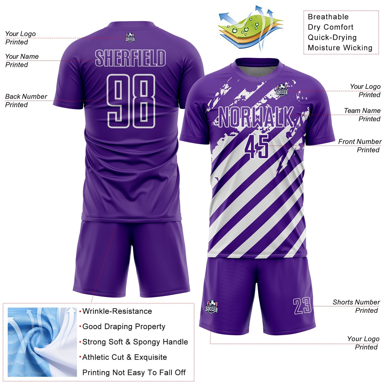 Custom Purple White Distressed Diagonal Stripe Pattern Sports Sublimation Soccer Uniform Jersey view 4