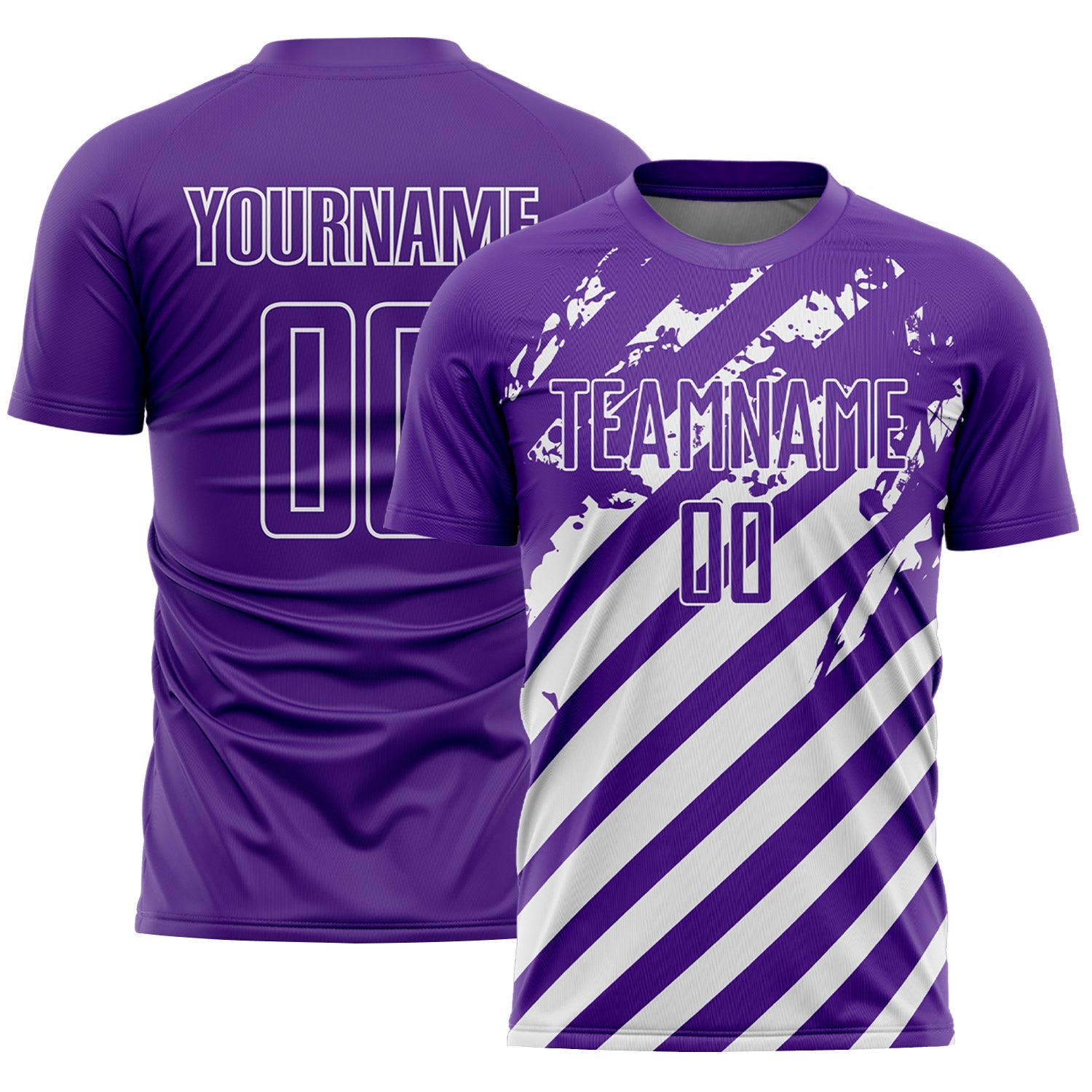 Custom Purple White Distressed Diagonal Stripe Pattern Sports Sublimation Soccer Uniform Jersey - Main View