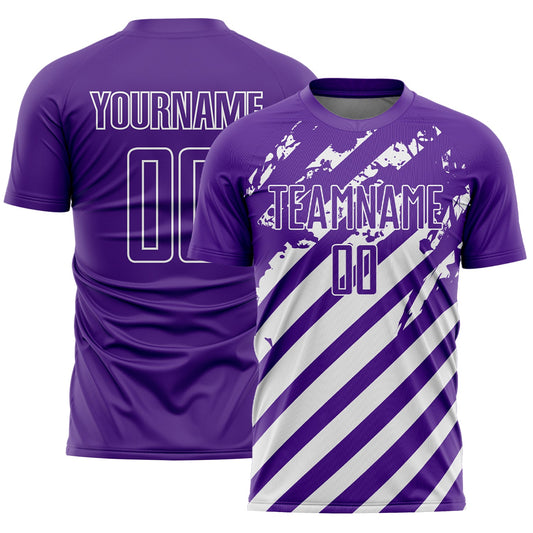 Custom Purple White Distressed Diagonal Stripe Pattern Sports Sublimation Soccer Uniform Jersey - Main View