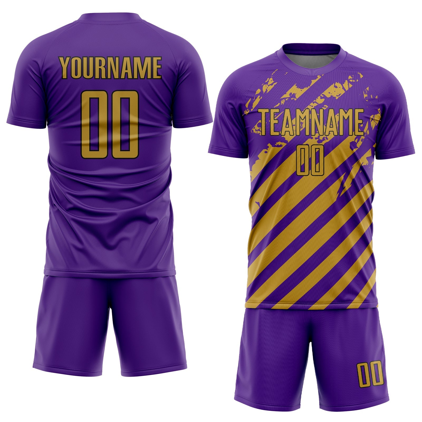 Custom Purple Old Gold-Black Distressed Diagonal Stripe Pattern Sports Sublimation Soccer Uniform Jersey view 2