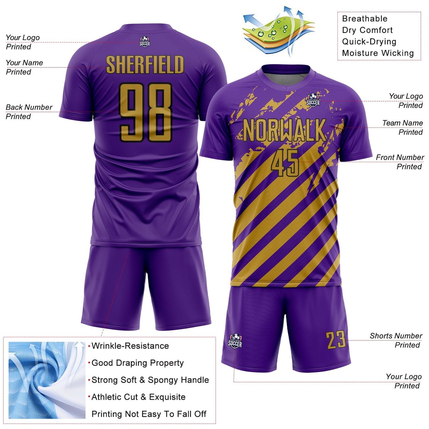 Custom Purple Old Gold-Black Distressed Diagonal Stripe Pattern Sports Sublimation Soccer Uniform Jersey view 4