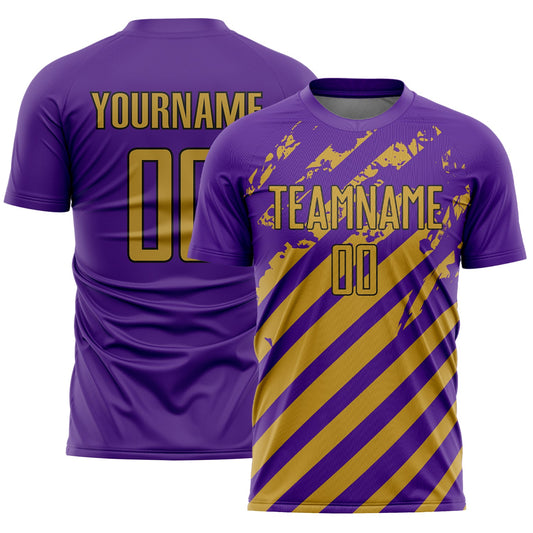 Custom Purple Old Gold-Black Distressed Diagonal Stripe Pattern Sports Sublimation Soccer Uniform Jersey - Main View