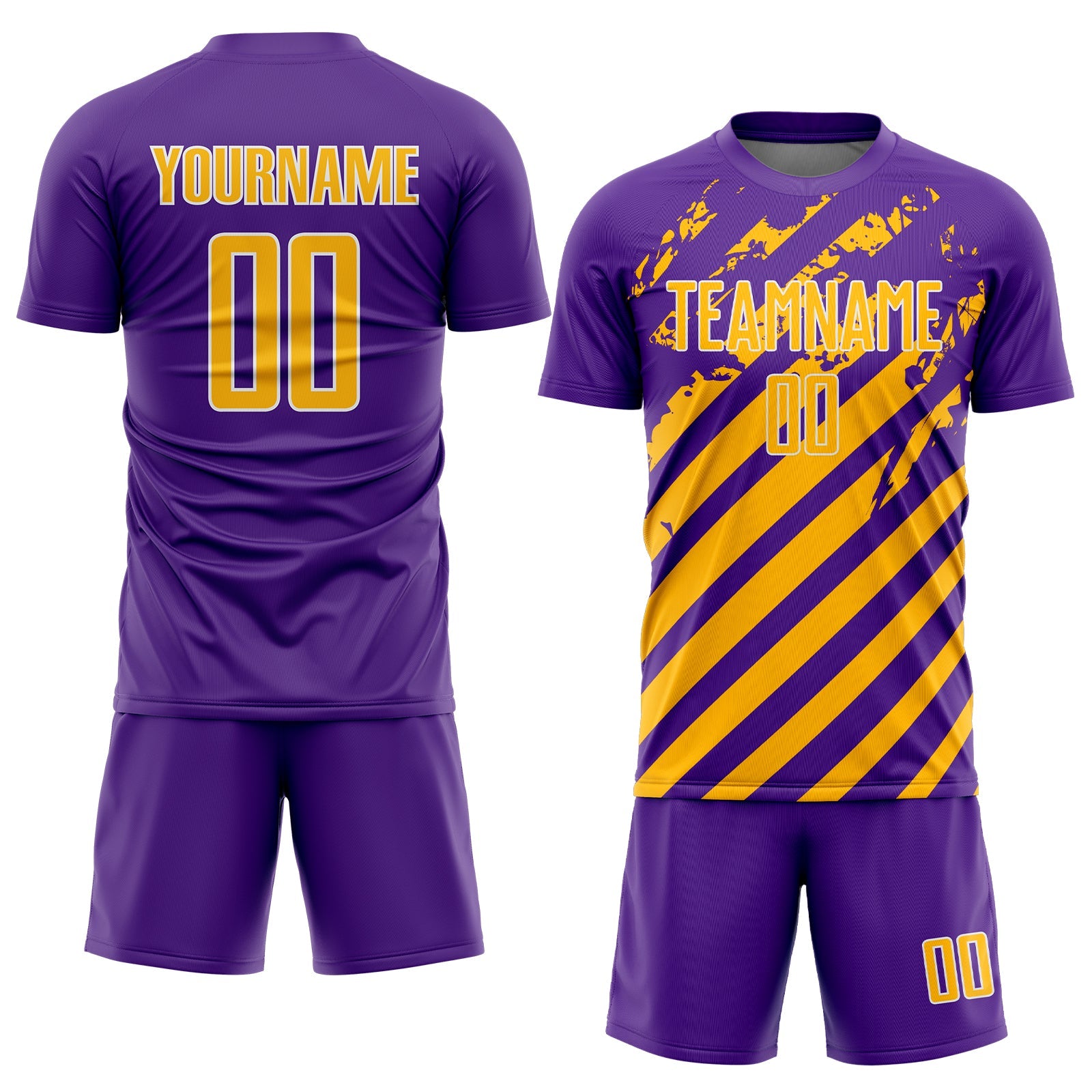 Custom Purple Gold-White Distressed Diagonal Stripe Pattern Sports Sublimation Soccer Uniform Jersey view 2