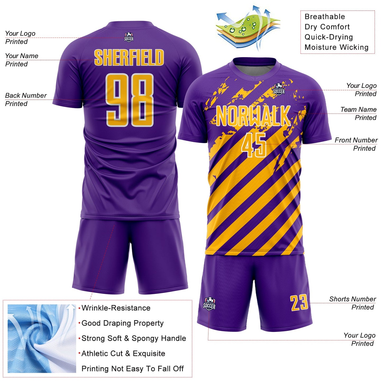 Custom Purple Gold-White Distressed Diagonal Stripe Pattern Sports Sublimation Soccer Uniform Jersey view 4