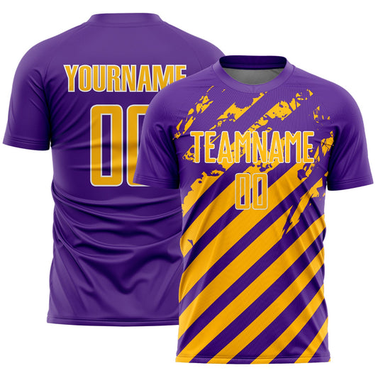 Custom Purple Gold-White Distressed Diagonal Stripe Pattern Sports Sublimation Soccer Uniform Jersey - Main View