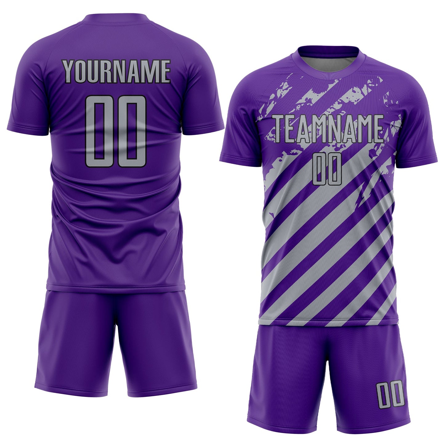 Custom Purple Gray-Black Distressed Diagonal Stripe Pattern Sports Sublimation Soccer Uniform Jersey view 2