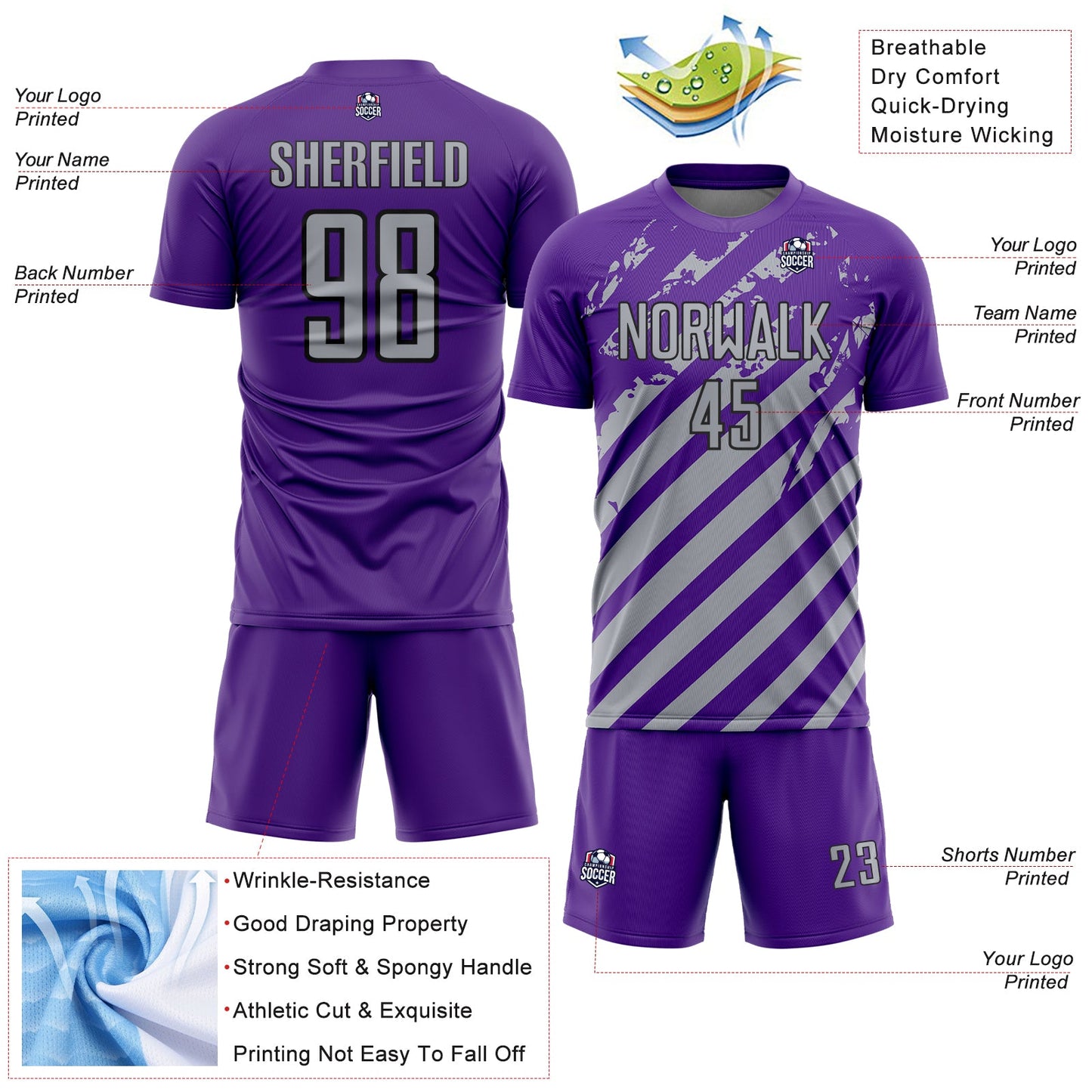 Custom Purple Gray-Black Distressed Diagonal Stripe Pattern Sports Sublimation Soccer Uniform Jersey view 4