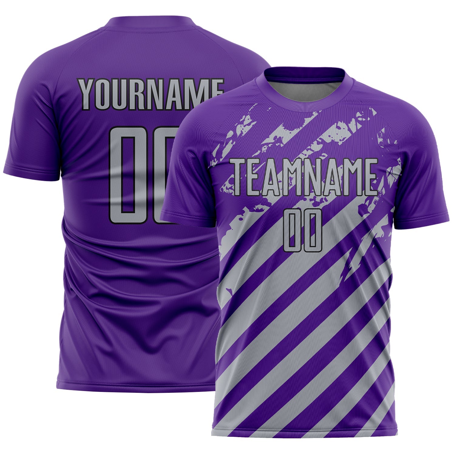 Custom Purple Gray-Black Distressed Diagonal Stripe Pattern Sports Sublimation Soccer Uniform Jersey - Main View