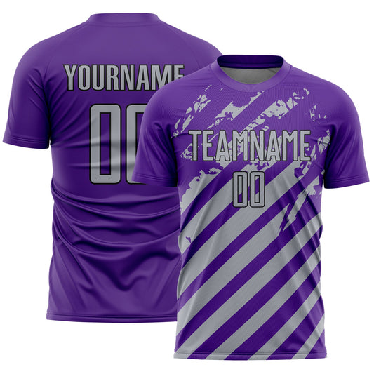 Custom Purple Gray-Black Distressed Diagonal Stripe Pattern Sports Sublimation Soccer Uniform Jersey - Main View